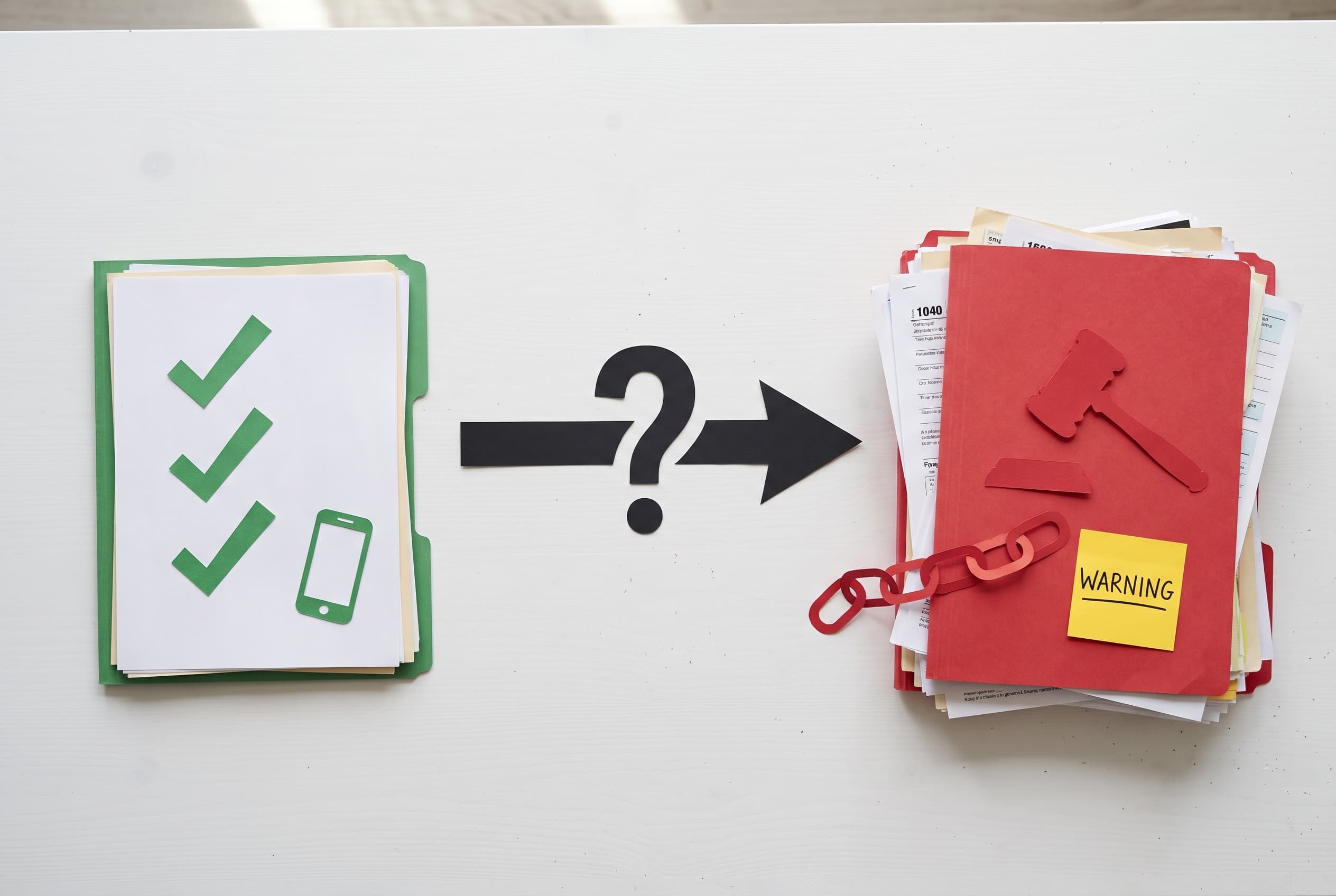 Top-down flat-lay photo on a clean white desk showing two clearly separated paths. On the left, a small stack representing a