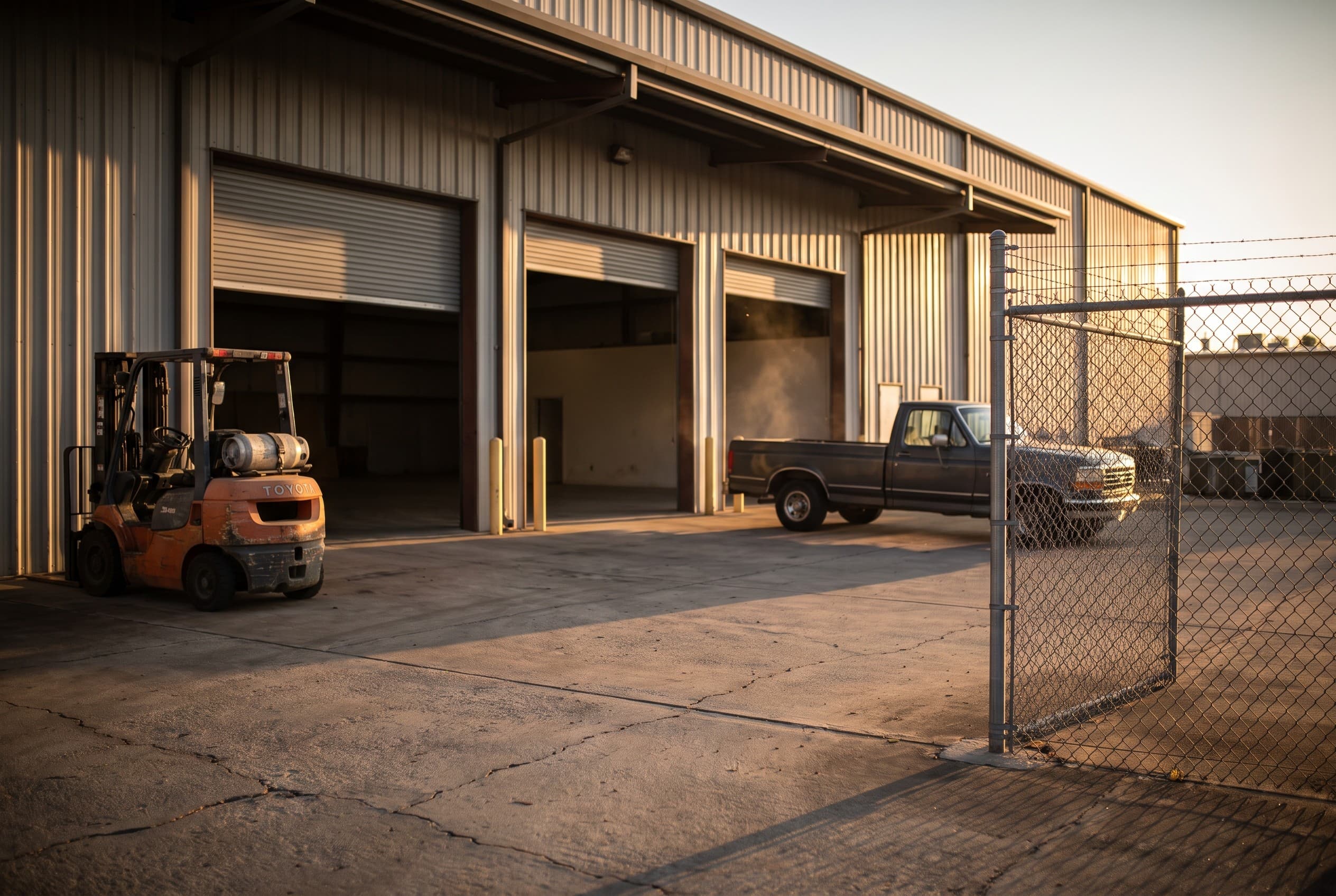 An empty warehouse loading dock at golden hour, viewed from the parking lot — roll-up bay doors partially open, a forklift pa