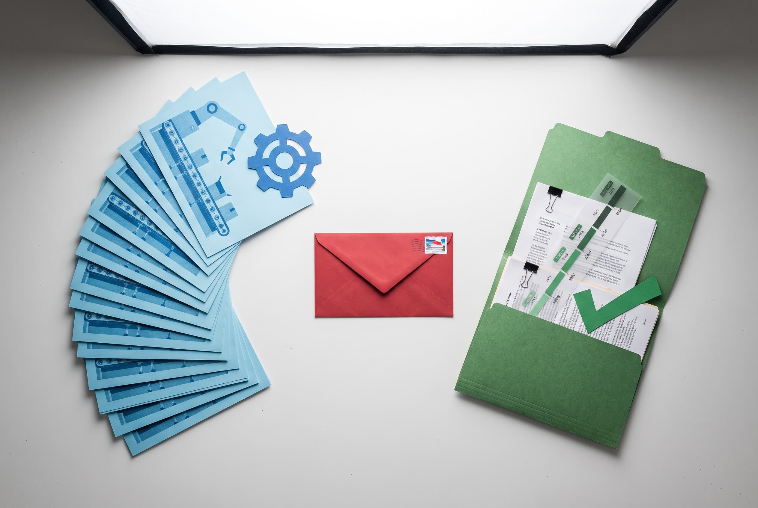 Top-down flat-lay photo on a clean white desk showing two contrasting paths. On the left, a stack of identical printed papers