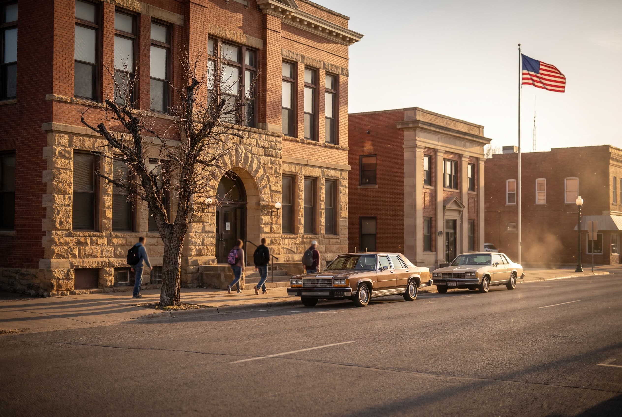 The exterior of a small-town American courthouse and civic building block at golden hour, shot from across a quiet street. Br