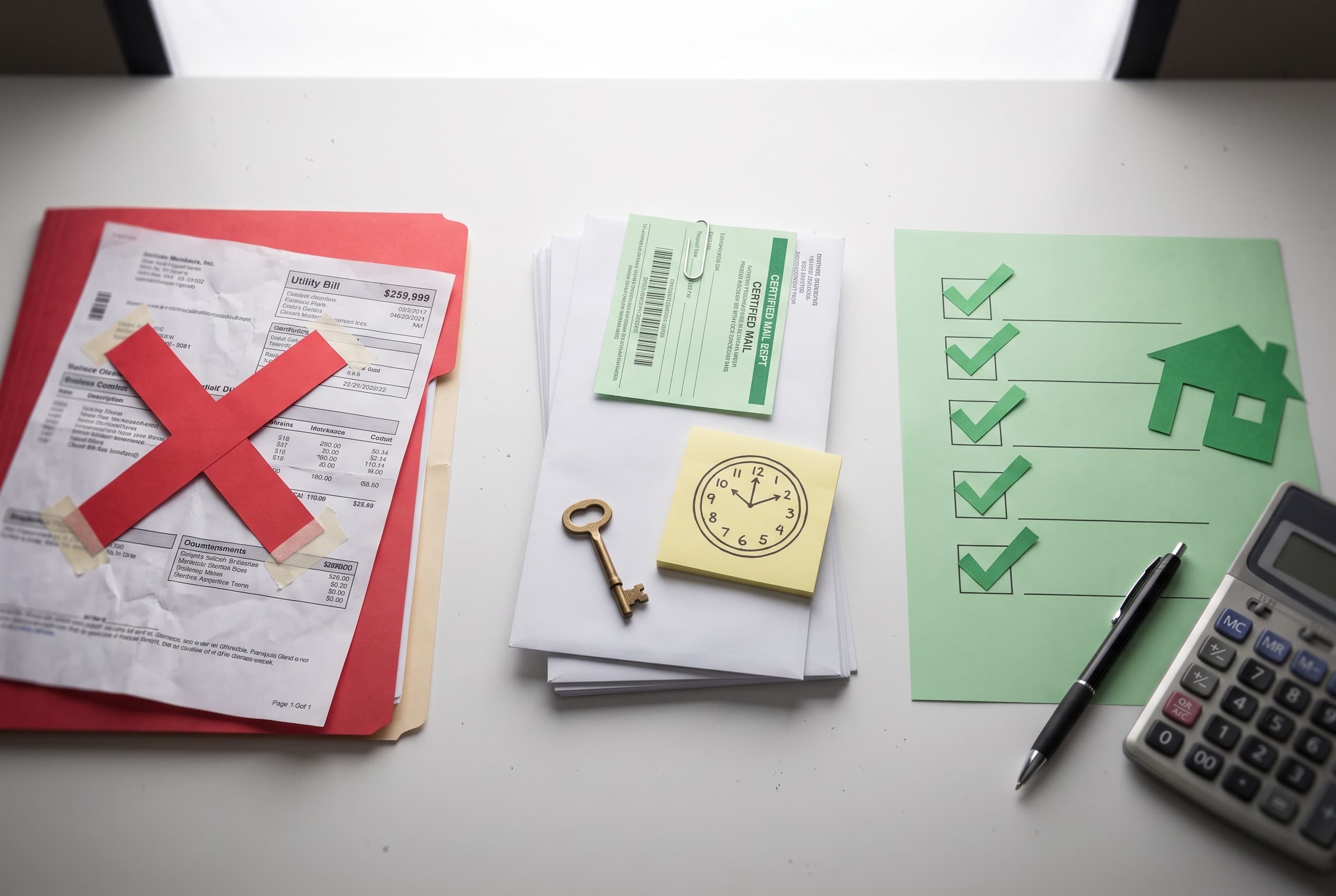 Top-down photo of a clean white desk arranged like a battle plan. On the left, a red folder with a large paper X cutout stamp