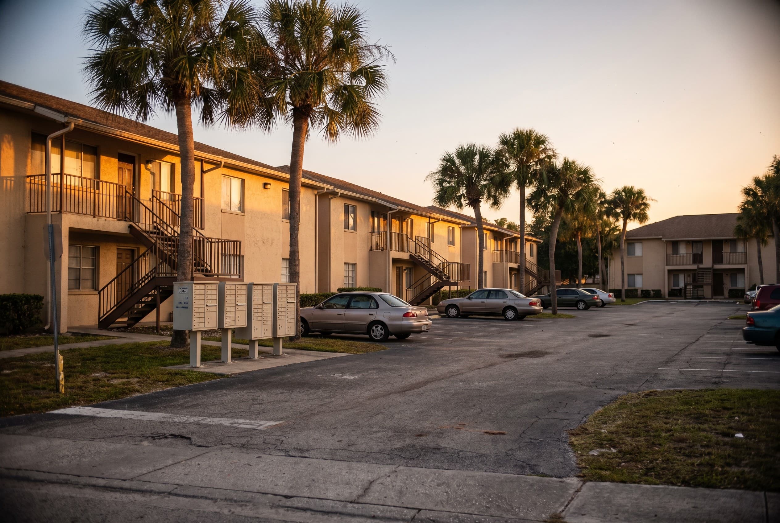 The exterior of a modest garden-style apartment complex in Pine Hills, Orlando, at golden hour, shot from the edge of the par