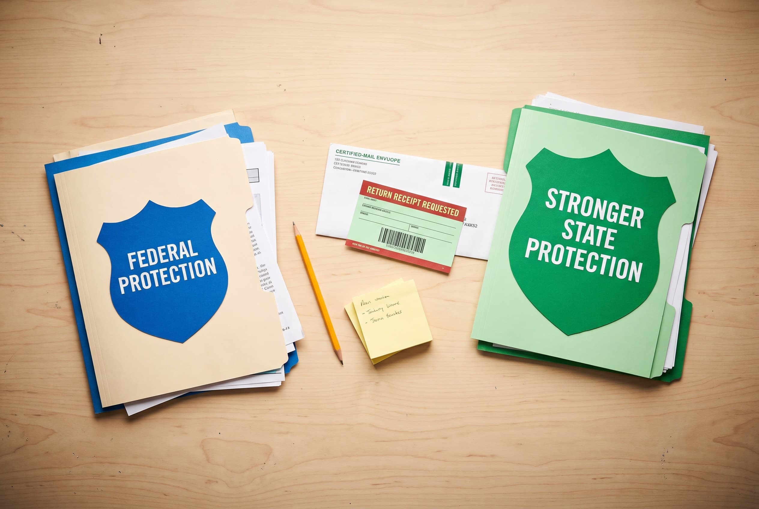 Top-down flat-lay photo on a clean light wood table showing two paper stacks side by side. On the left, a blue folder labeled