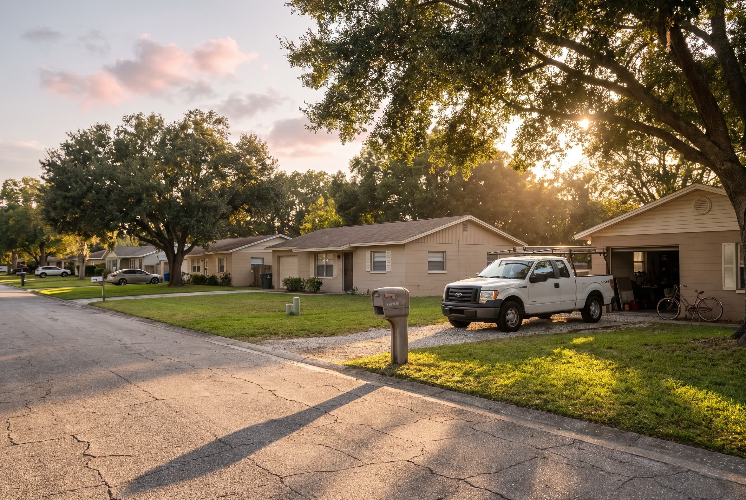 A quiet residential street in Apopka, Florida at golden hour, lined with modest single-story homes and mature oak trees. A ma