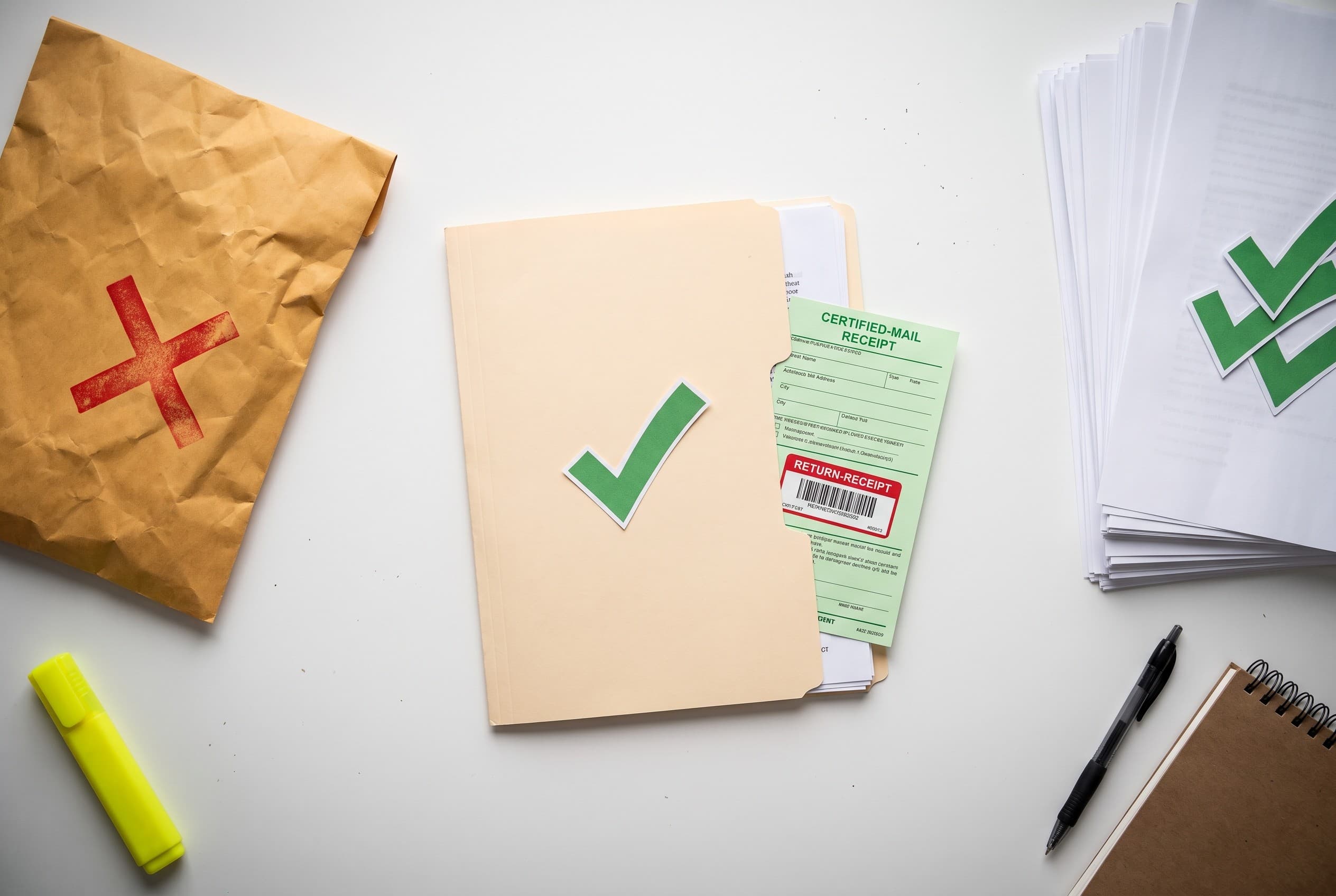Top-down flat-lay photo on a clean white desk showing a debt collection concept explained with physical objects: on the left,