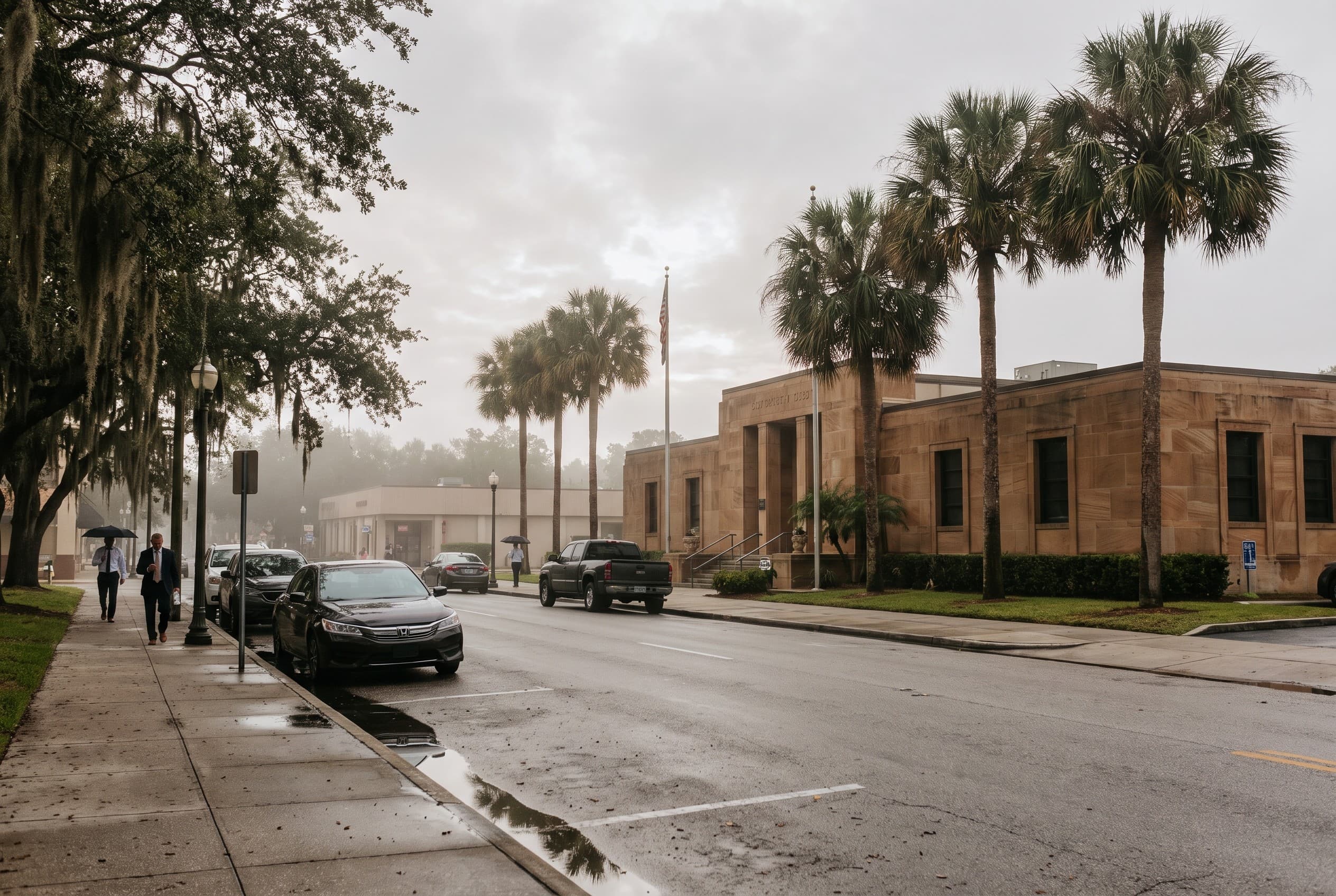 The Seminole County Courthouse area in Sanford, Florida on a warm overcast morning, shot from street level looking toward a l