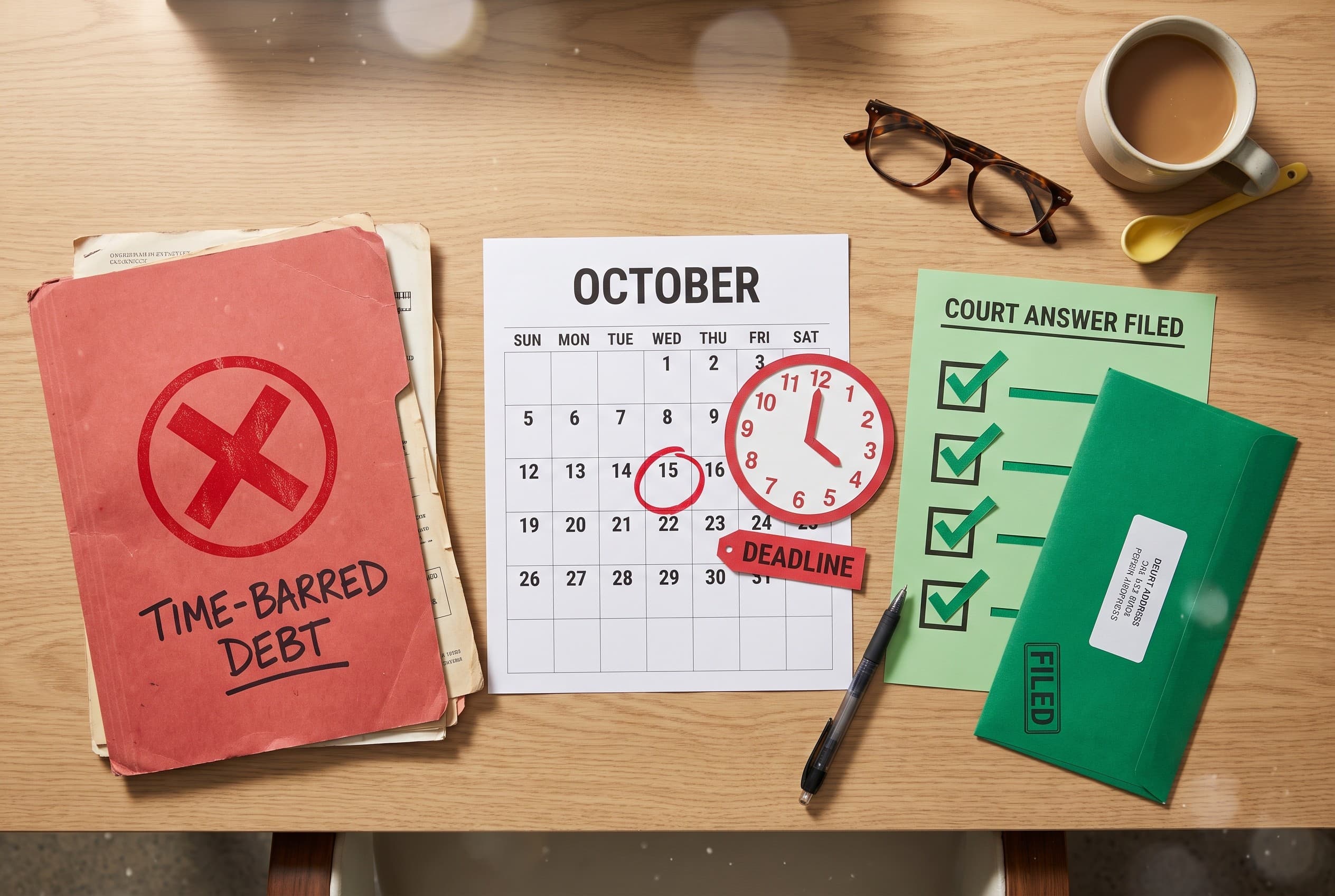 Top-down flat-lay photo on a clean light-wood desk explaining a debt lawsuit response. On the left, a red folder stamped with