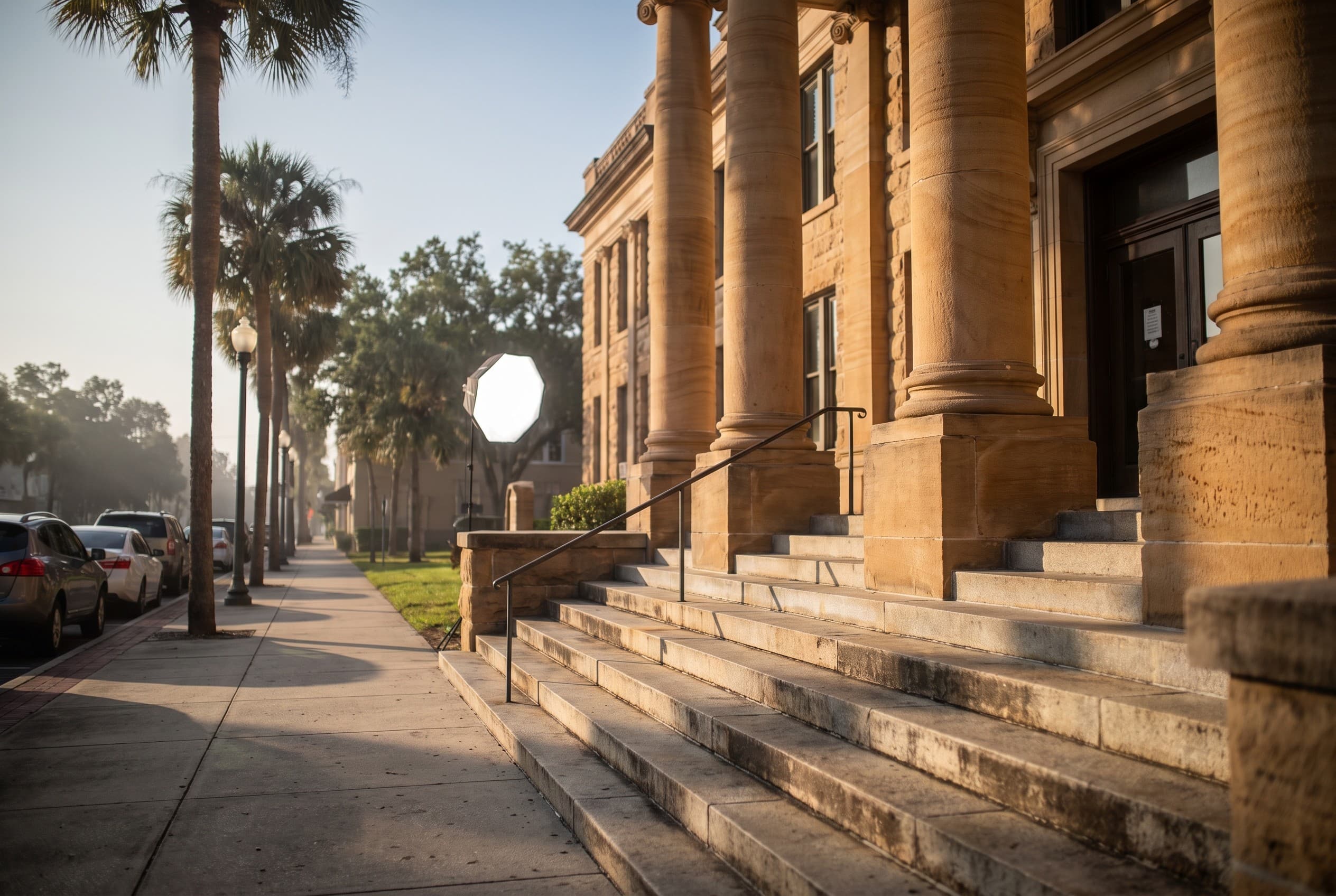The front steps and columns of a Central Florida county courthouse on a bright but slightly hazy morning, shot from the sidew
