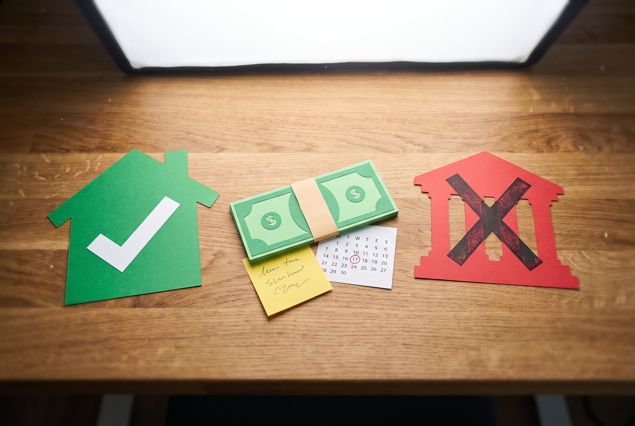 Top-down flat-lay on a clean wooden desk showing three paper cutouts arranged left to right: a green paper cutout of a house