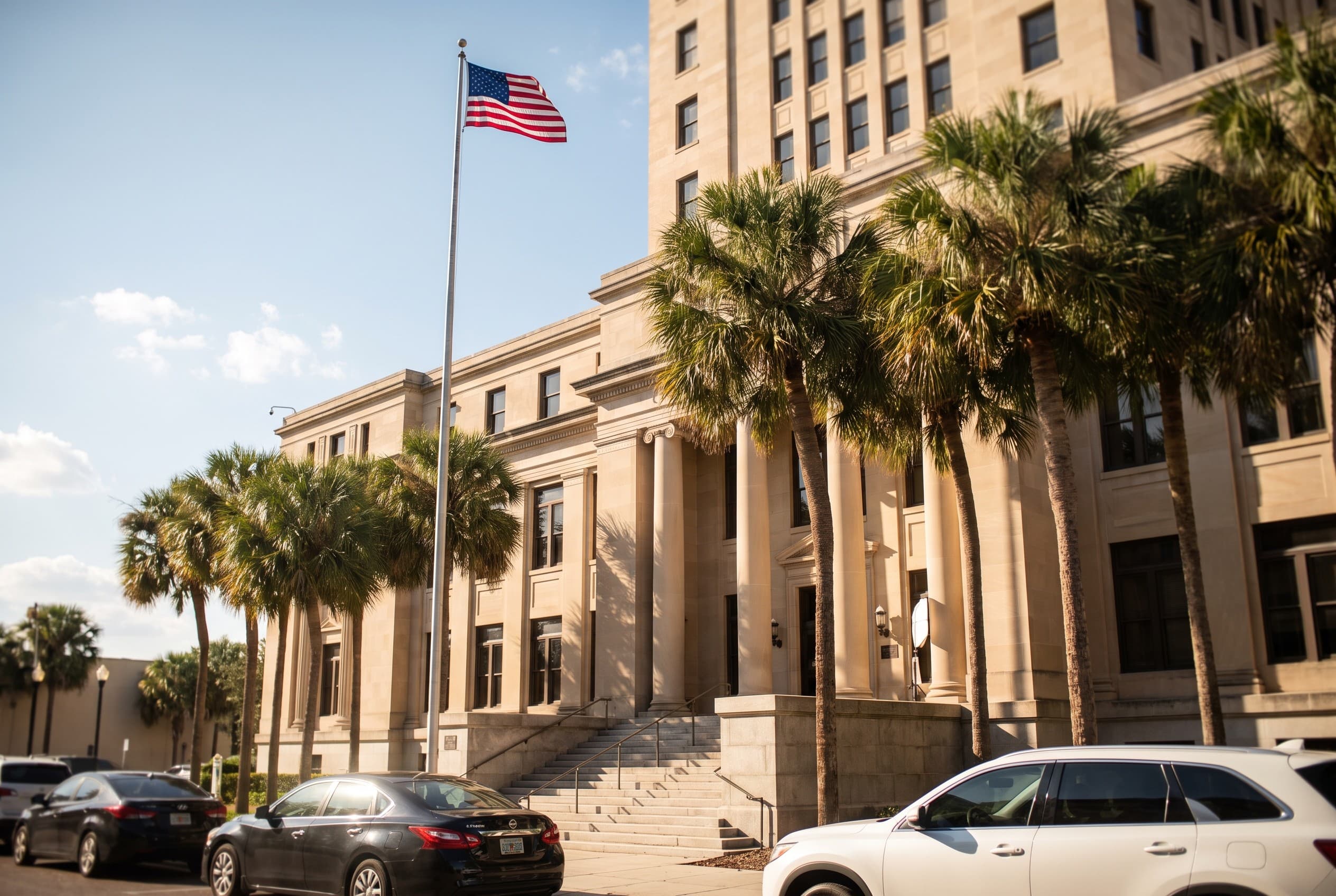 The exterior of a Central Florida county courthouse on a bright late-morning day, shot from street level looking up toward th
