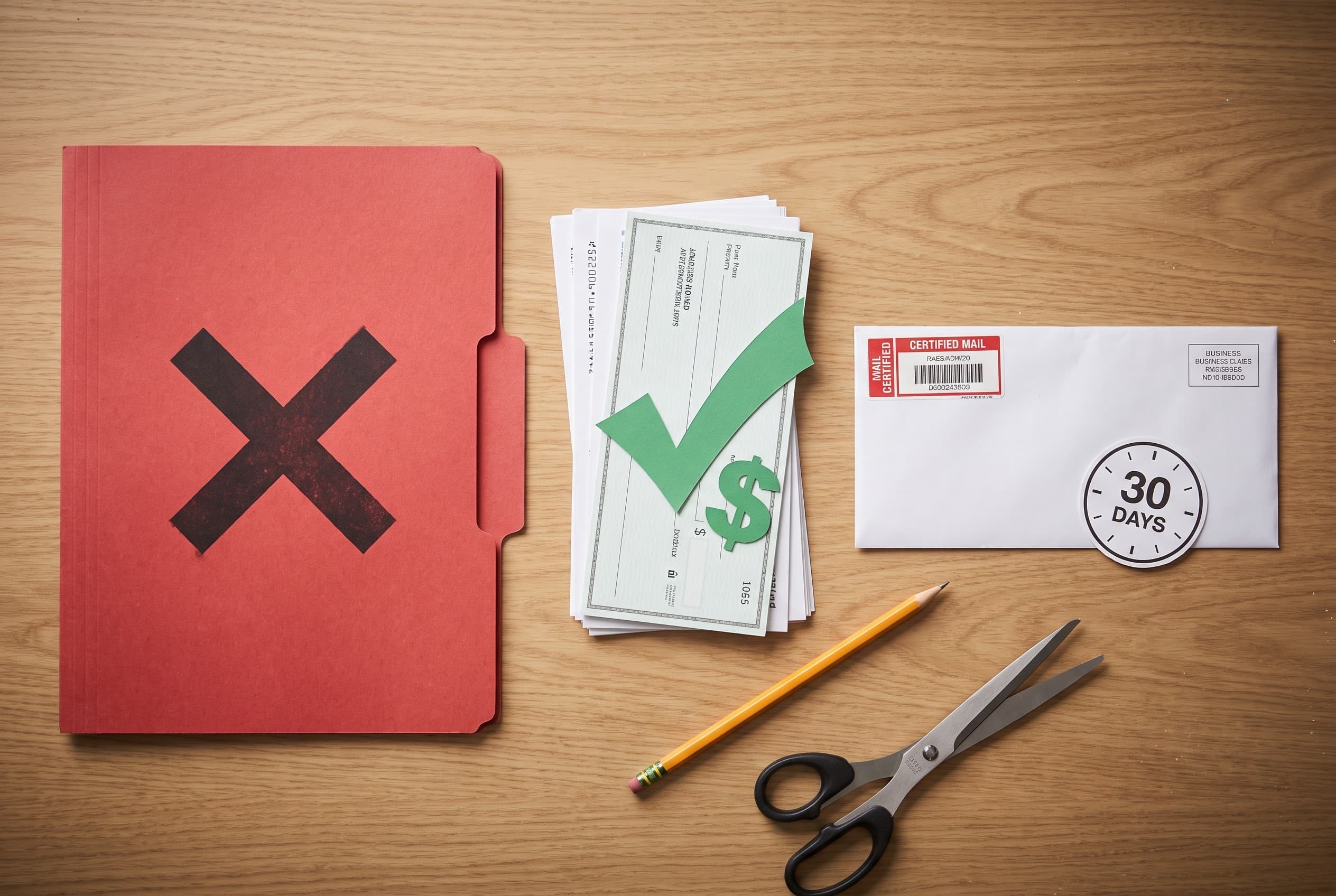 Top-down flat-lay photo on a clean light wood desk. On the left, a red folder stamped with a large X shape representing an in