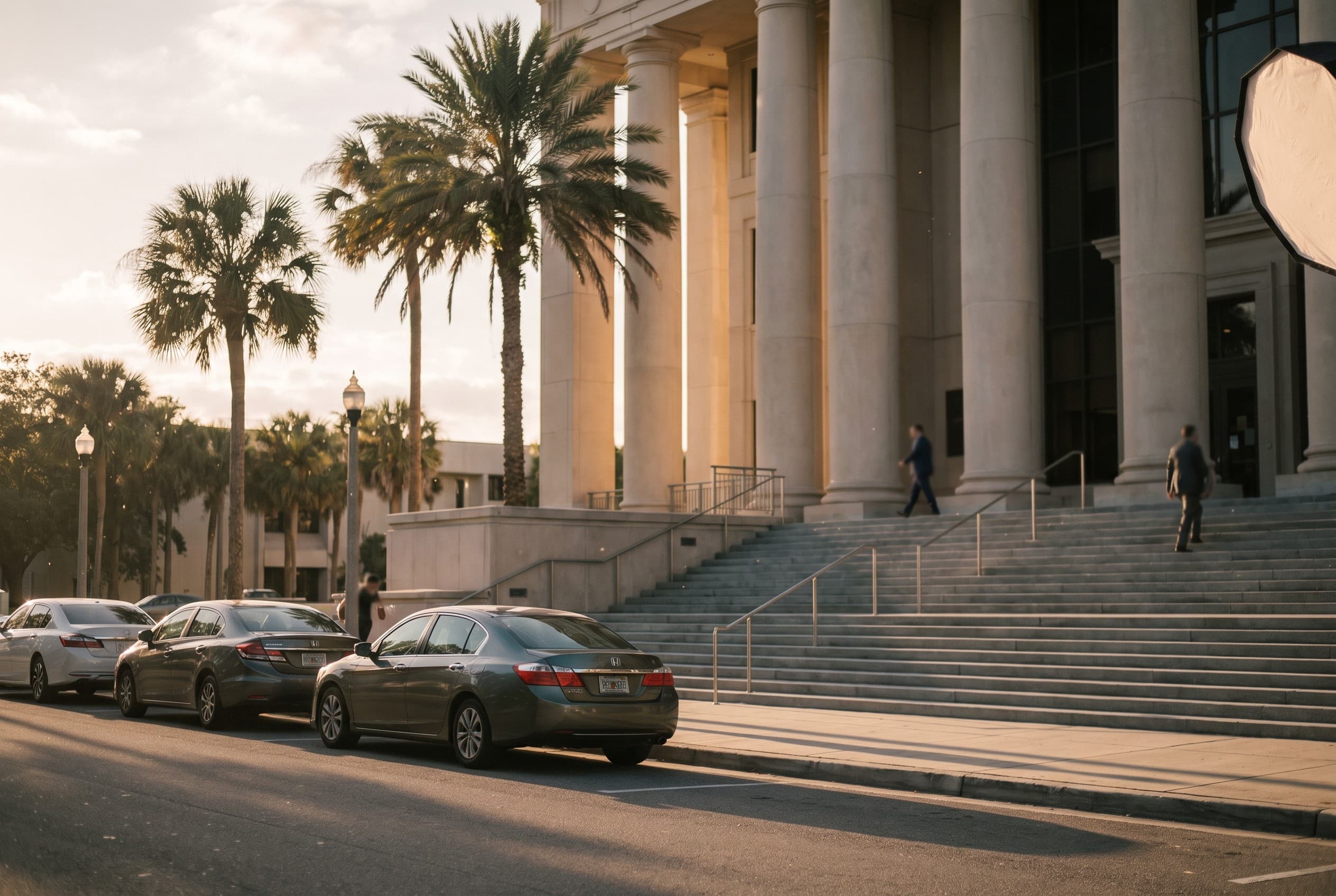 The exterior steps of a Central Florida county courthouse on a bright but slightly hazy late afternoon, shot from street leve