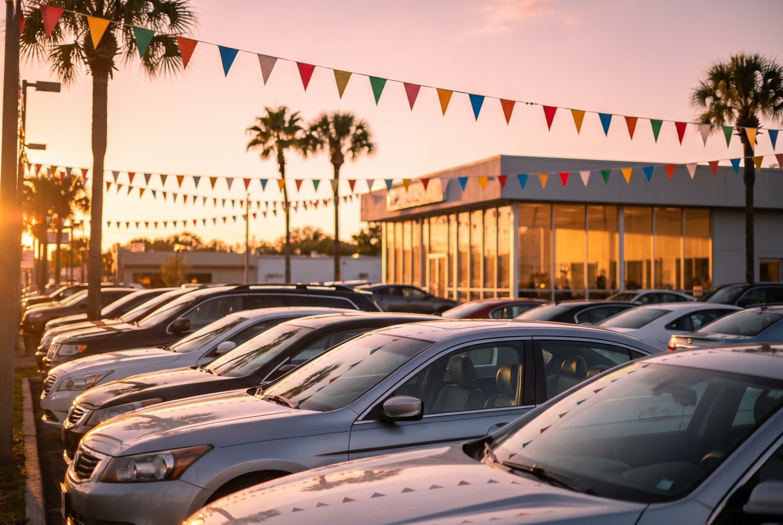 A wide cinematic shot of a used car dealership lot near Millenia in Orlando at golden hour. Rows of clean sedans and SUVs ref
