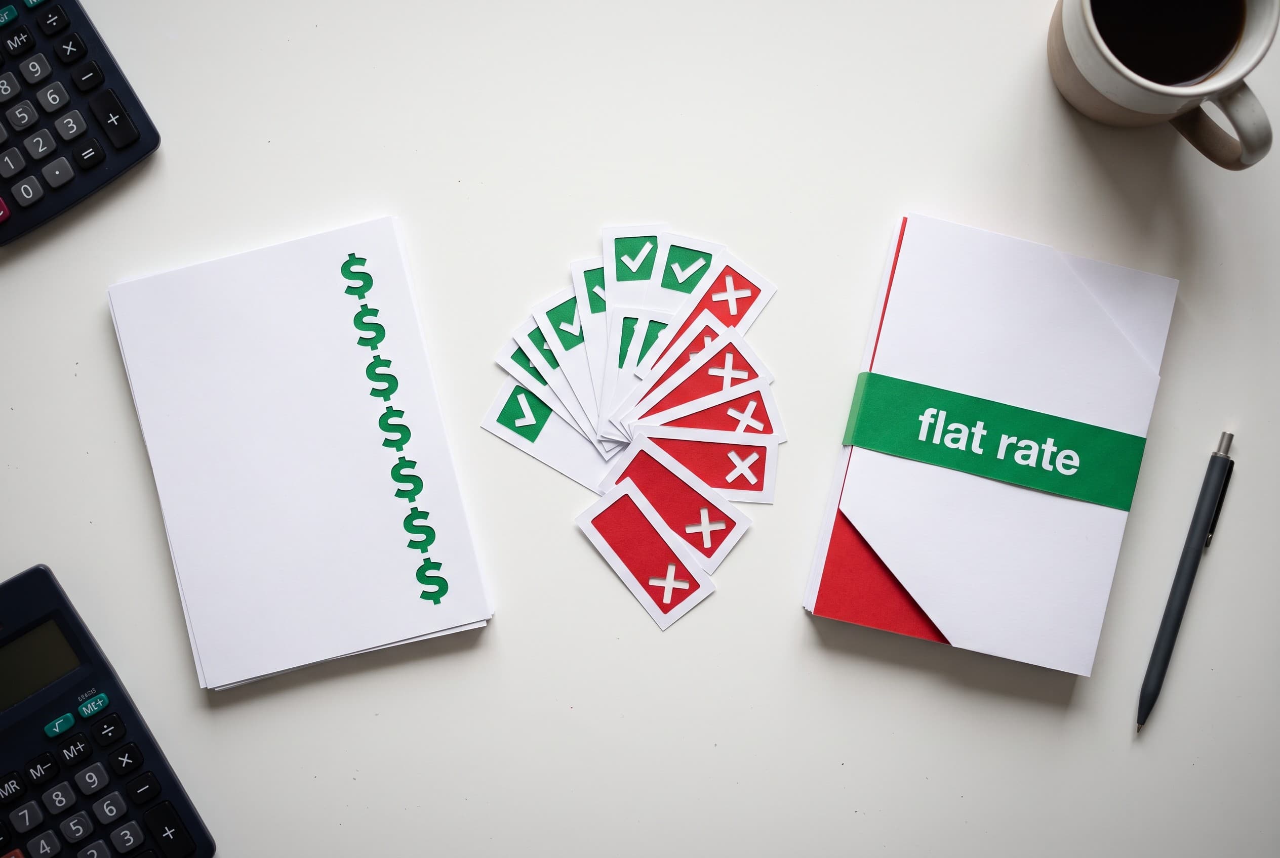 Top-down flat-lay photo on a clean white desk showing three labeled paper stacks representing pricing models. On the left, a