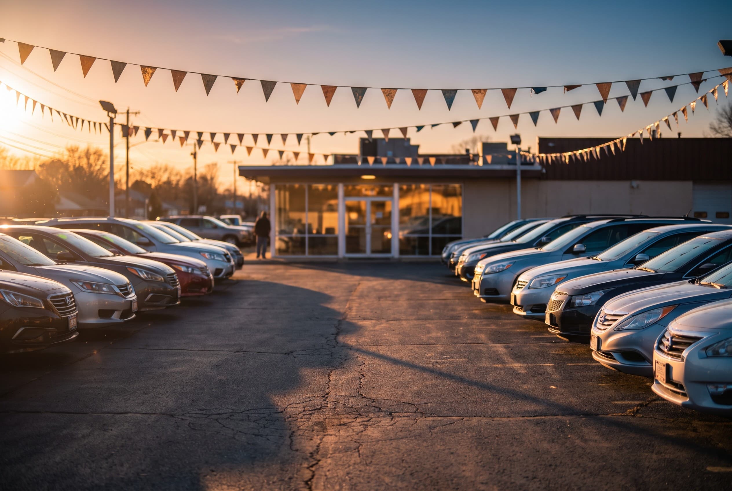 A used-car dealership lot at golden hour in an unremarkable American suburb, shot from the edge of the lot looking across row