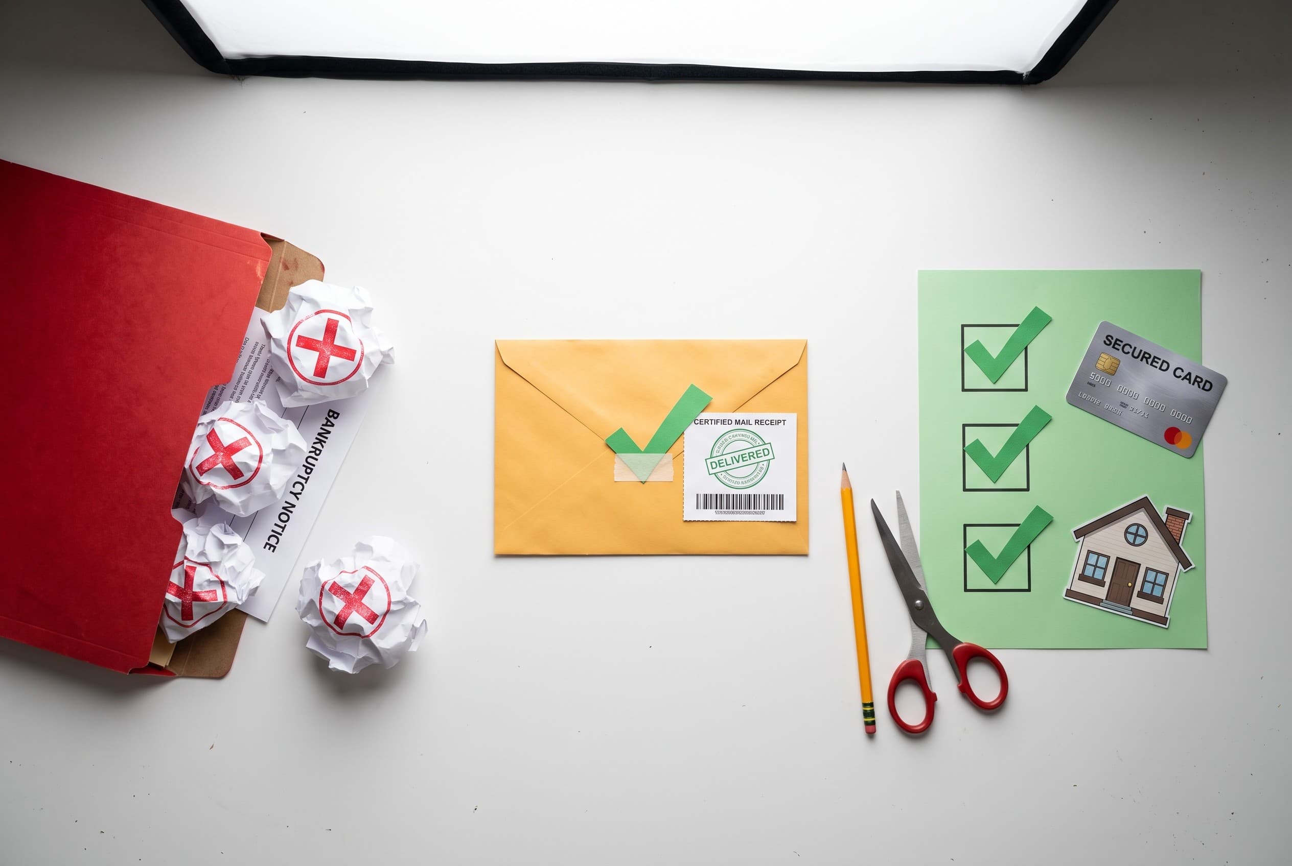 Top-down flat-lay photo on a clean white desk showing credit rebuilding after bankruptcy as paper cutouts. On the left, a red