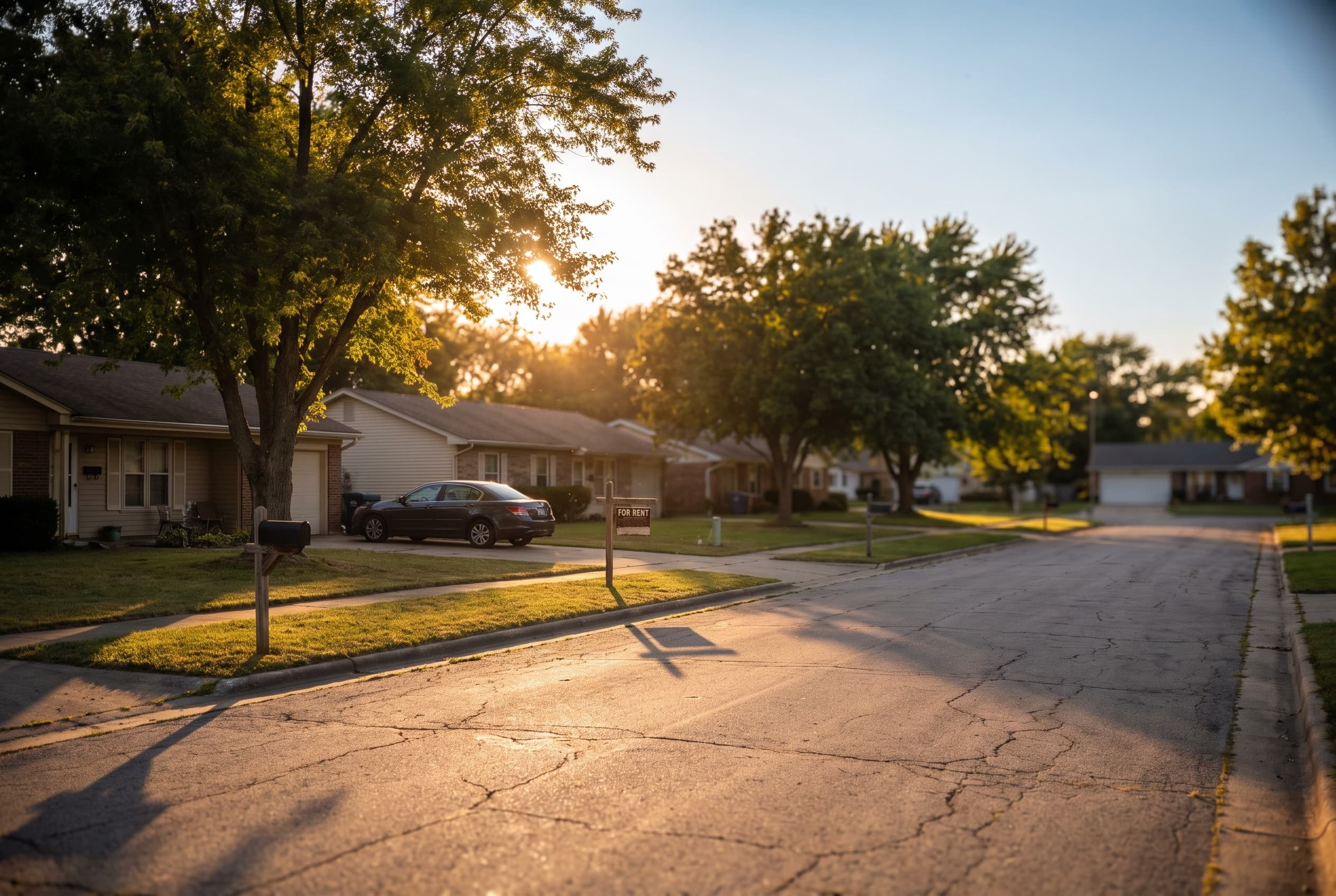 A quiet American suburban street at golden hour, lined with modest single-story homes and mature trees, mailboxes at the curb