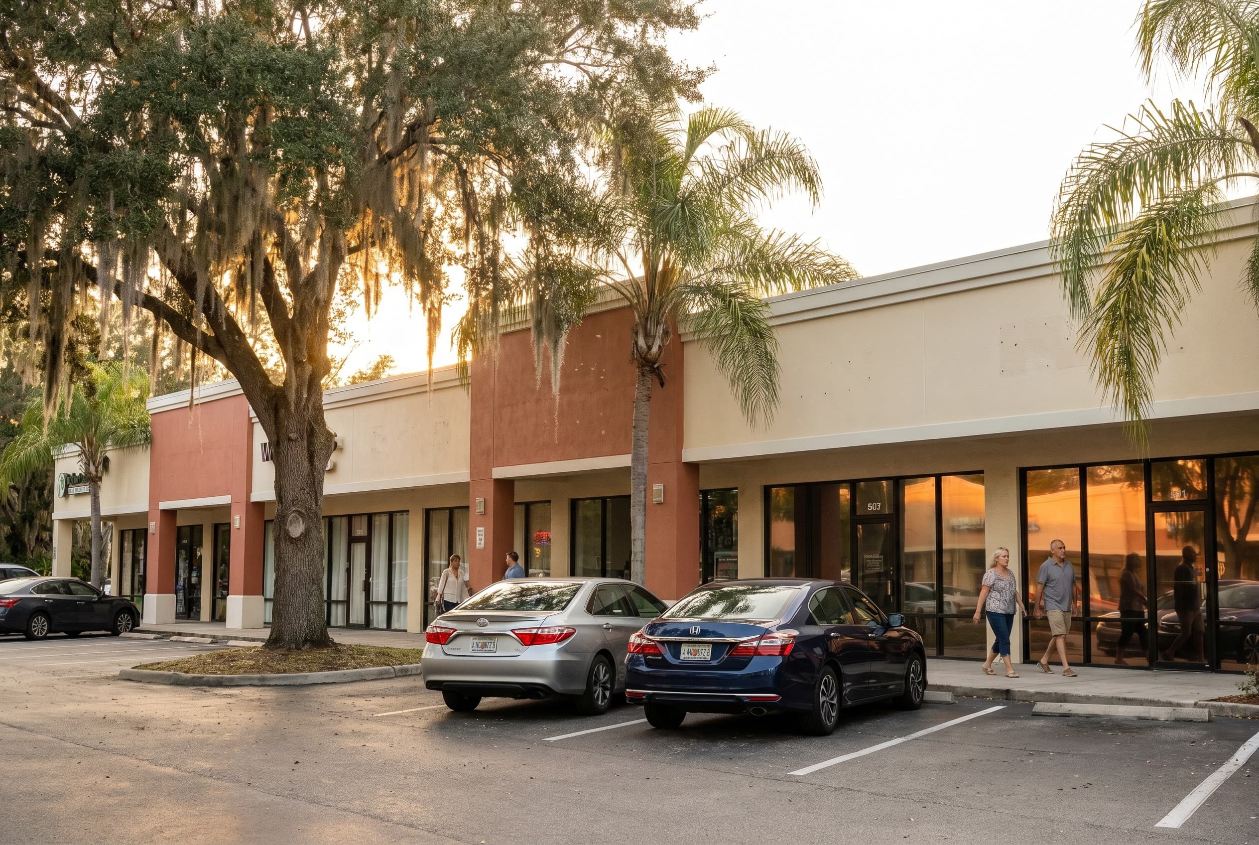 A row of modest office storefronts in a Winter Park strip plaza at golden hour, shot from the parking lot looking across at t