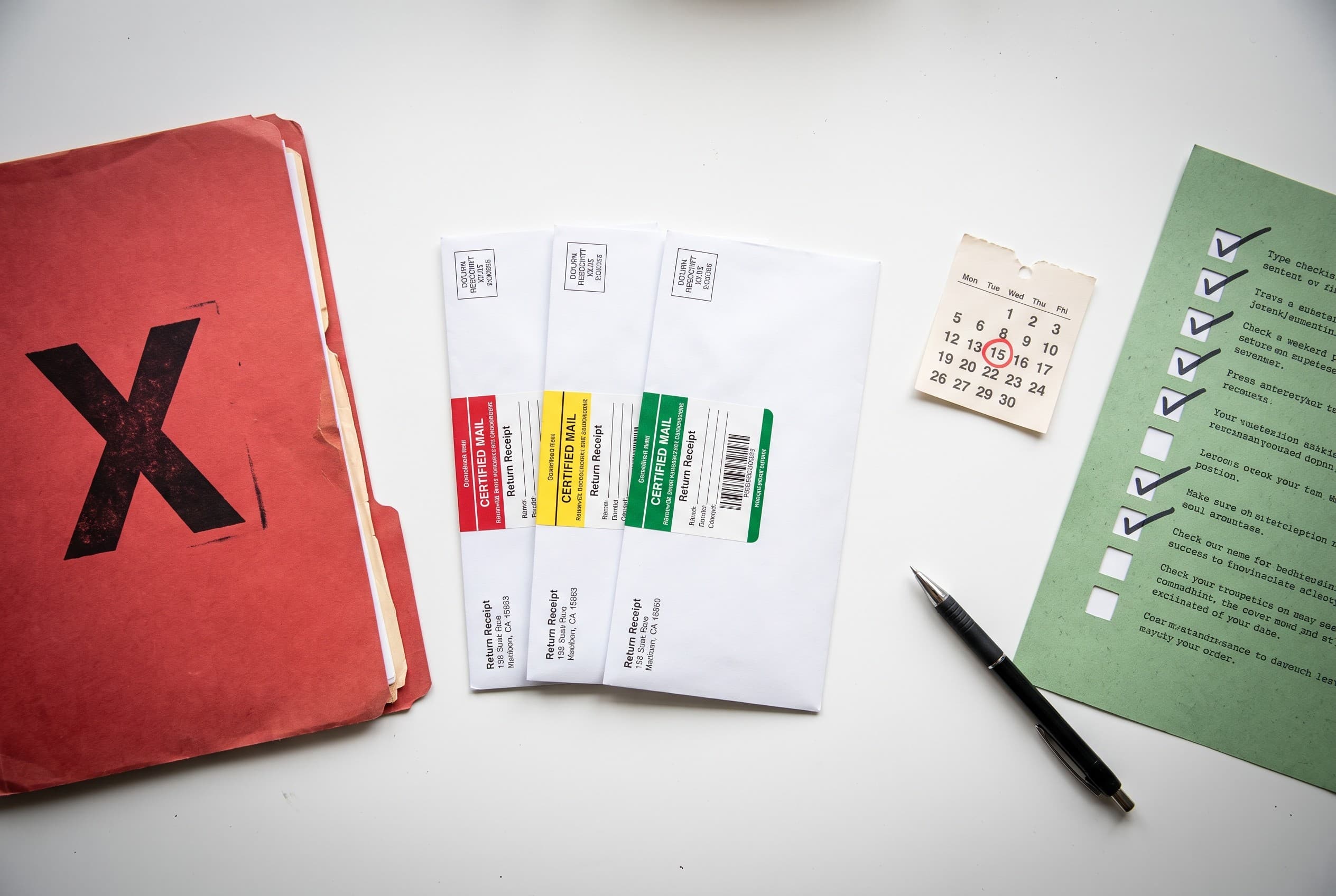 Top-down flat-lay photo on a clean white desk showing the FCRA dispute process as physical objects: a red folder on the left