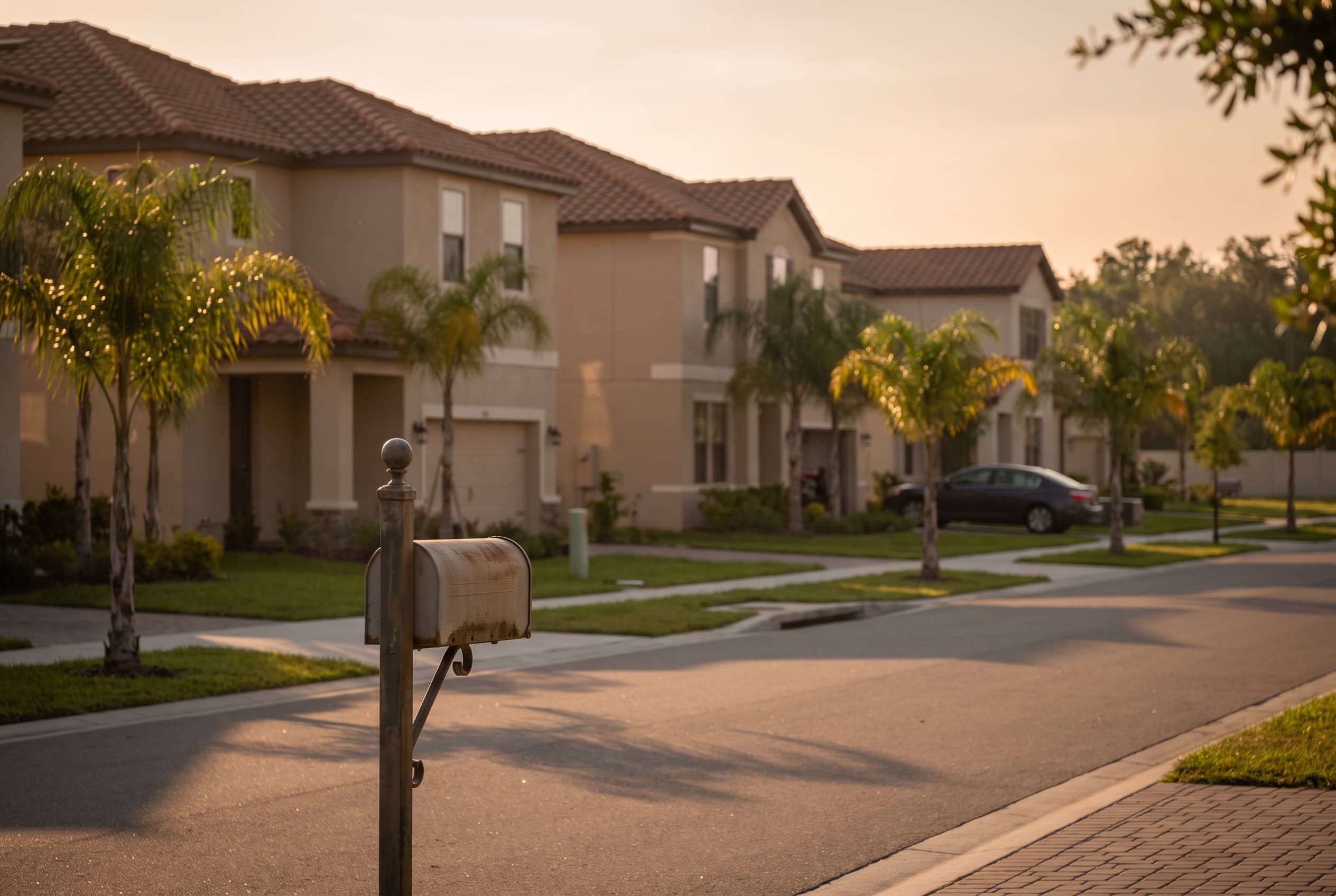 A quiet suburban street in Winter Garden, Florida at golden hour, lined with newer two-story homes and young palm trees. A re
