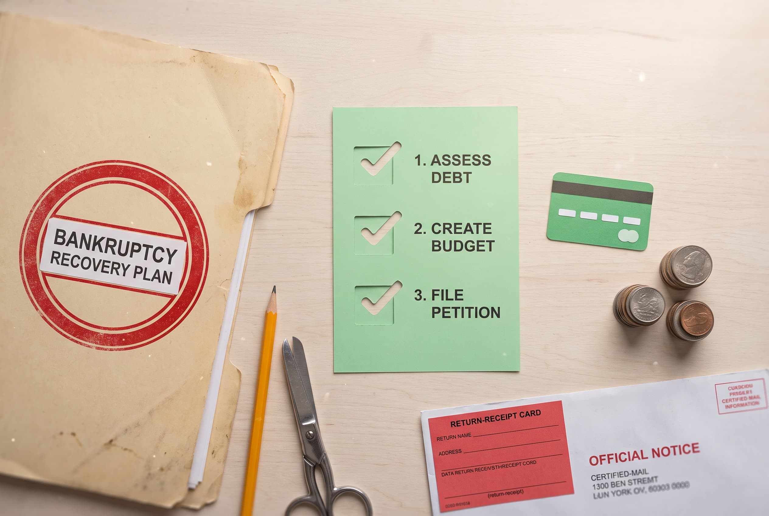 Top-down flat-lay photo on a clean light wood table showing a bankruptcy recovery plan laid out as physical objects: a manila