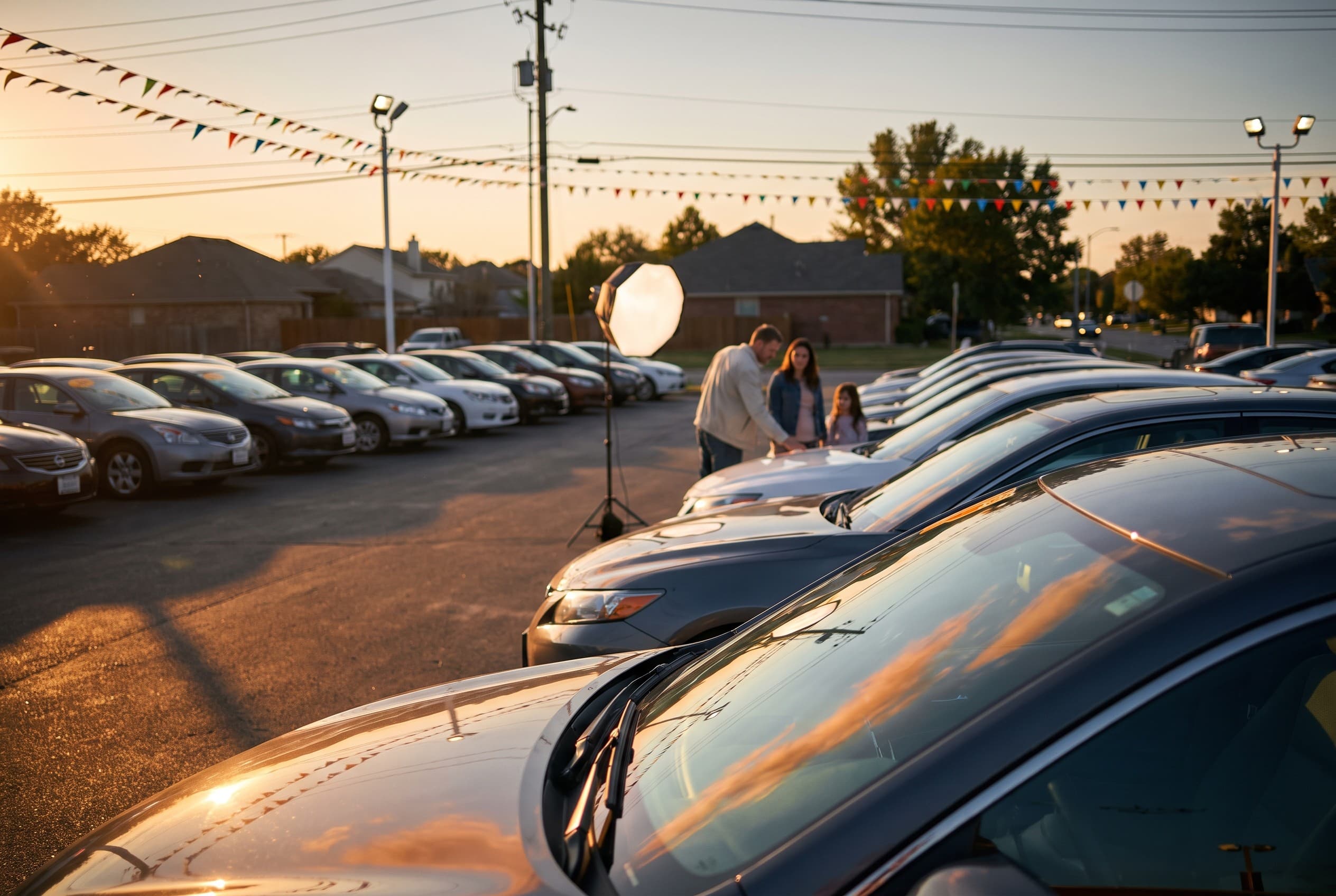 A used-car dealership lot at golden hour in a generic American suburb, shot from the edge of the lot looking across rows of c