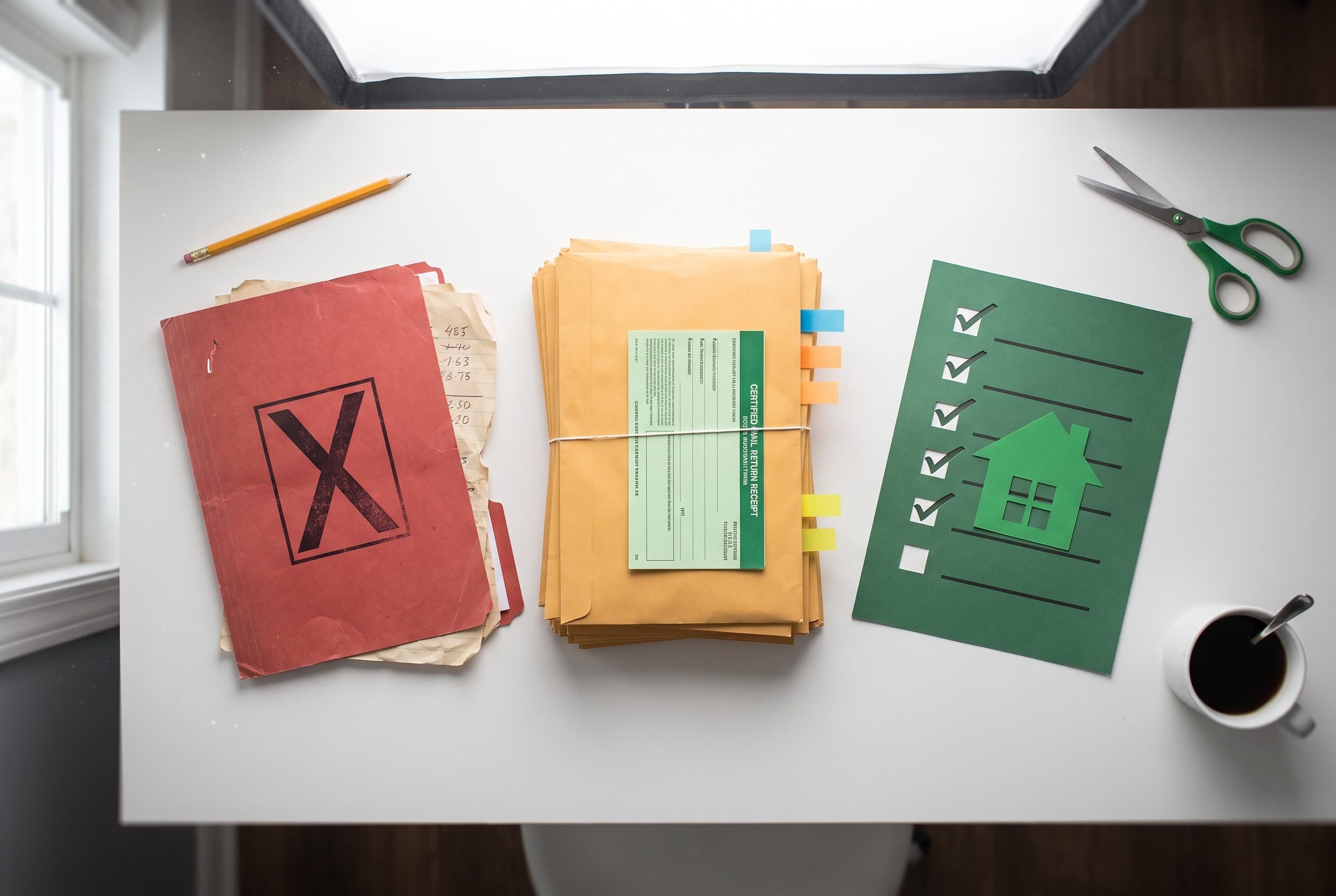 Top-down flat-lay photo on a clean white desk. On the left, a red folder stamped with a large X shape holding crumpled papers