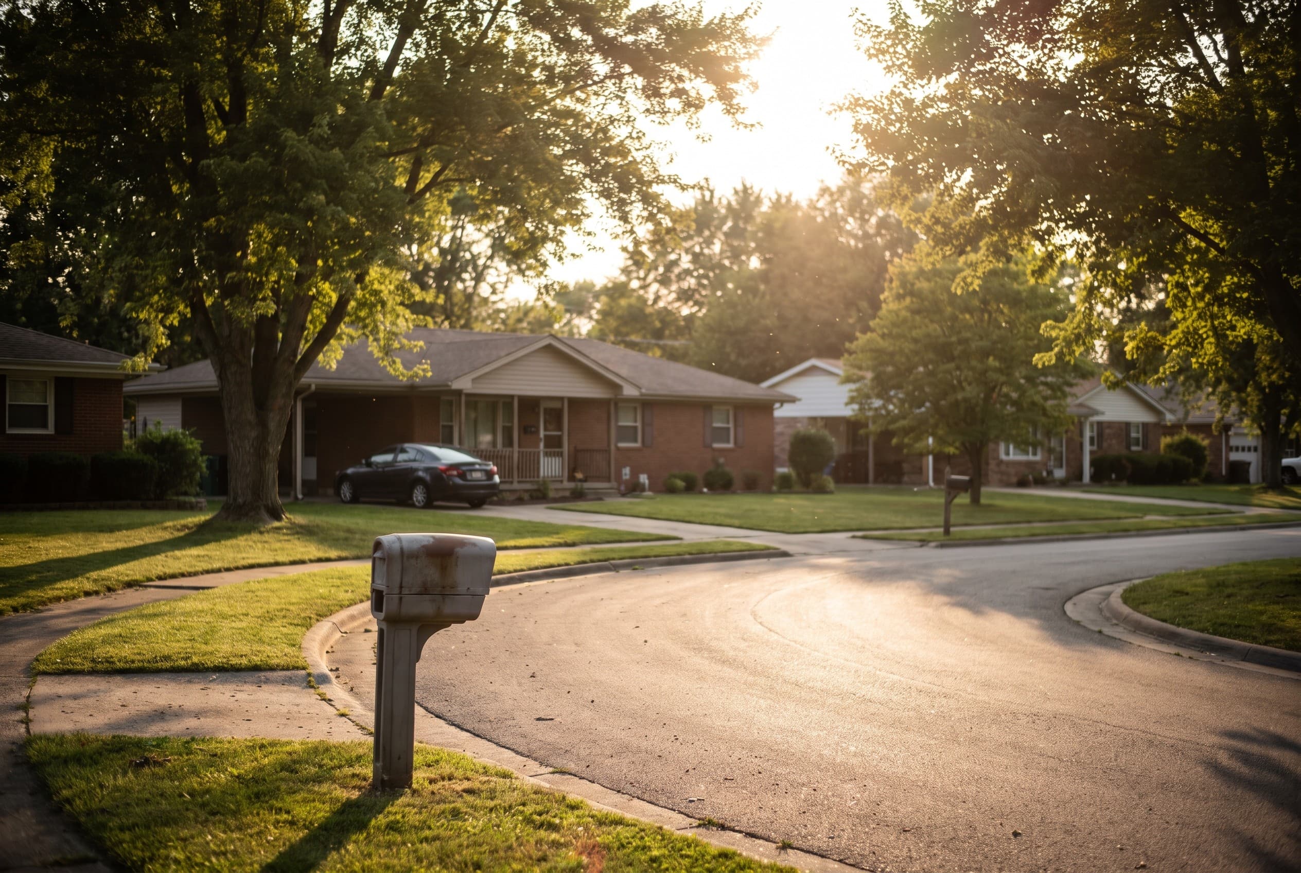 A quiet American suburban residential street at golden hour, lined with maple trees, modest single-story homes with tidy lawn