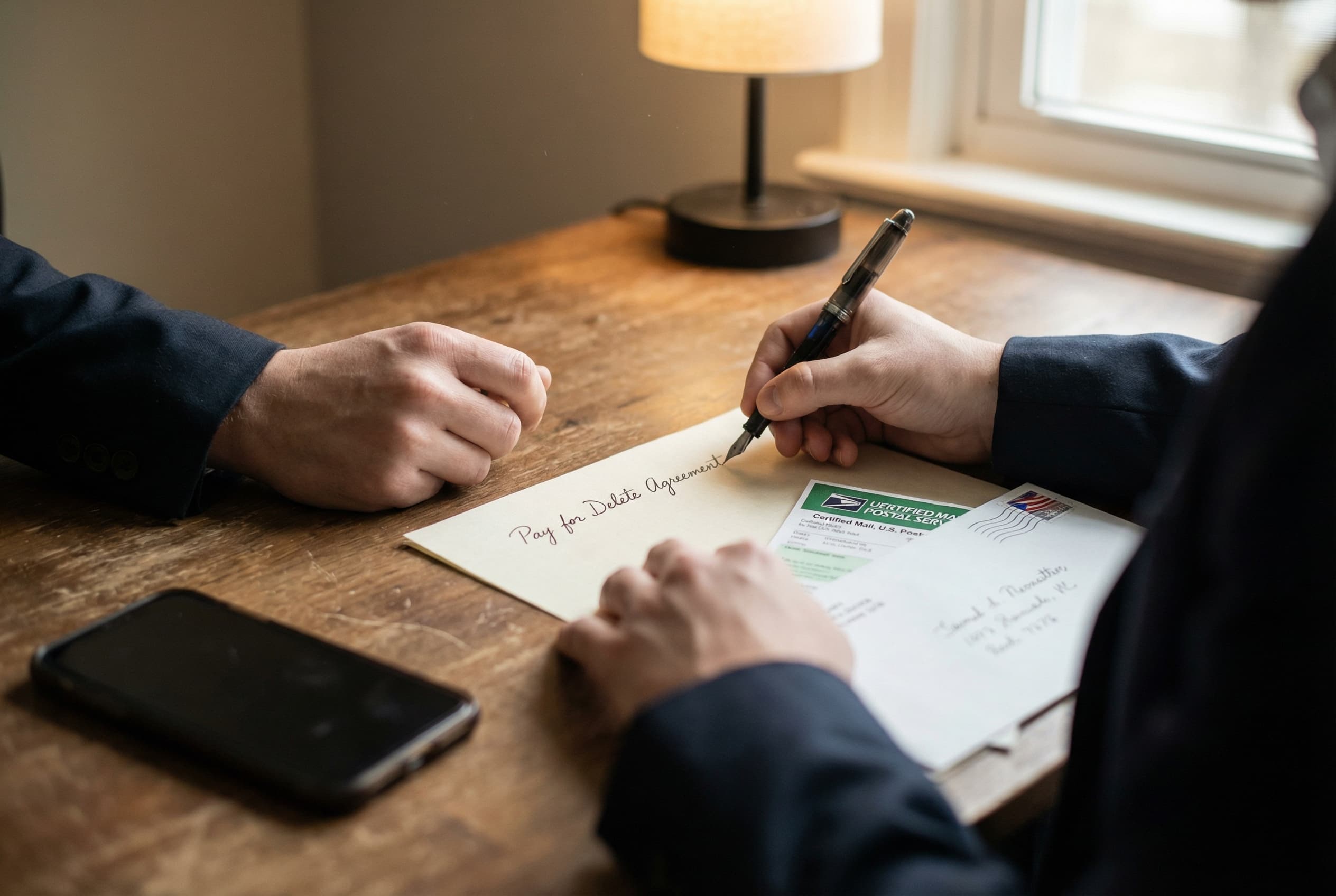 A high-quality, close-up, over-the-shoulder shot of a person’s hands writing a formal letter on a wooden desk. The focus is s