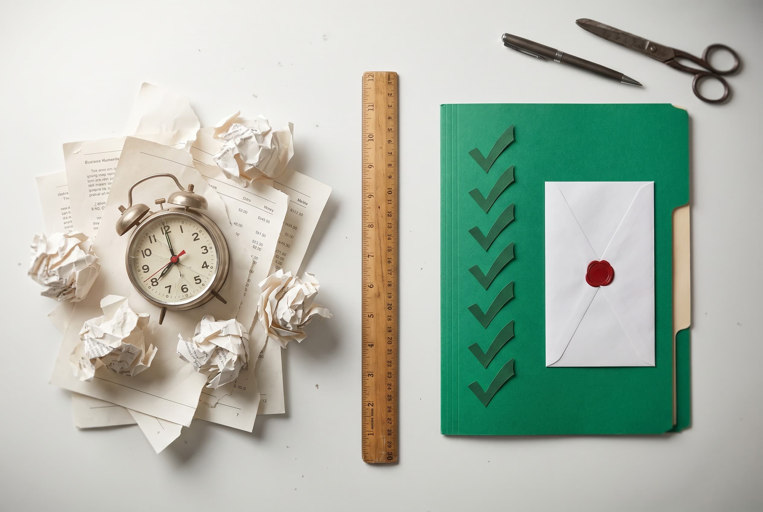 Top-down flat-lay photo on a clean white desk comparing two paths. On the left, a messy pile of crumpled white papers and a s
