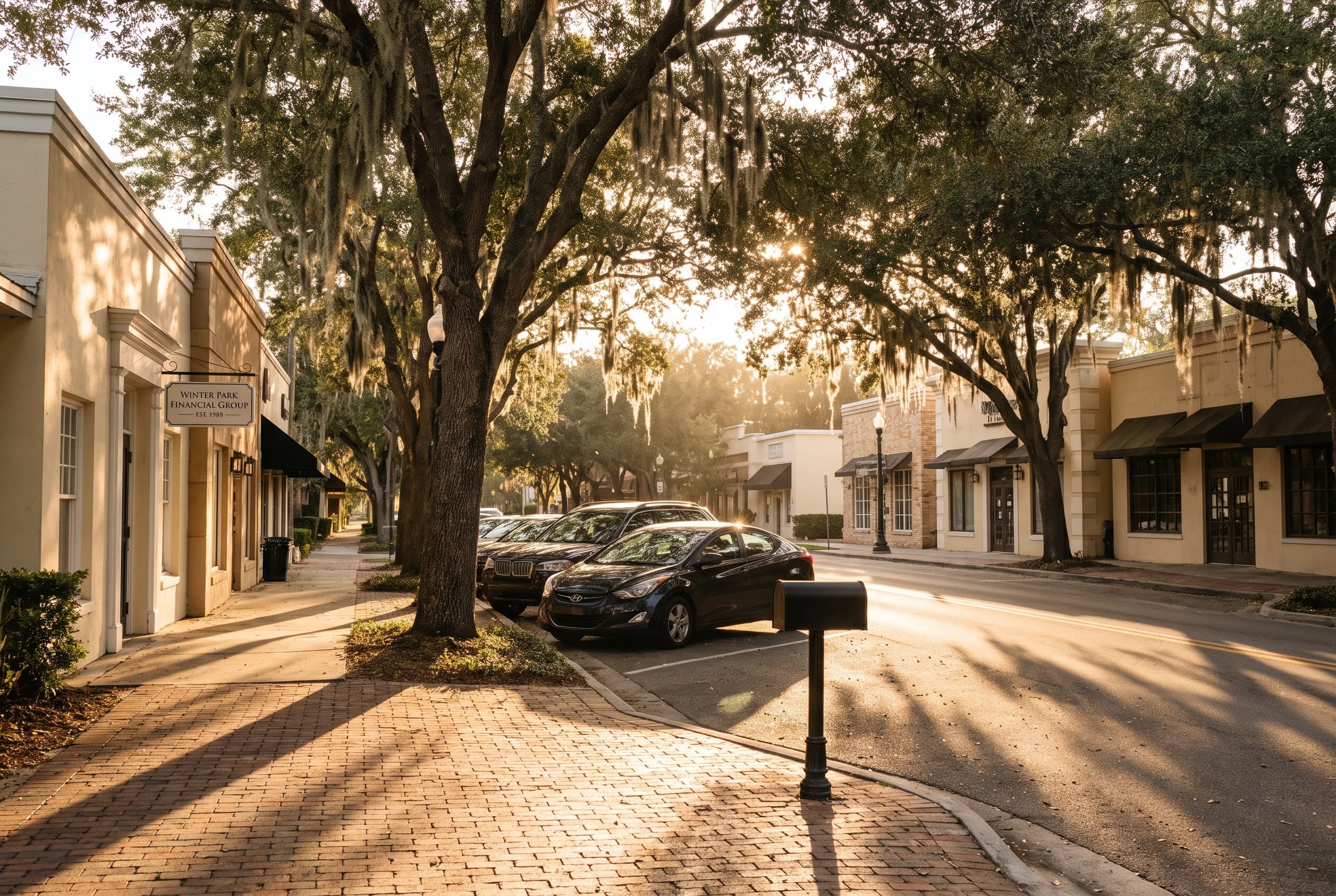 A quiet strip of small professional office buildings in Winter Park at golden hour, live oaks draped in Spanish moss lining t