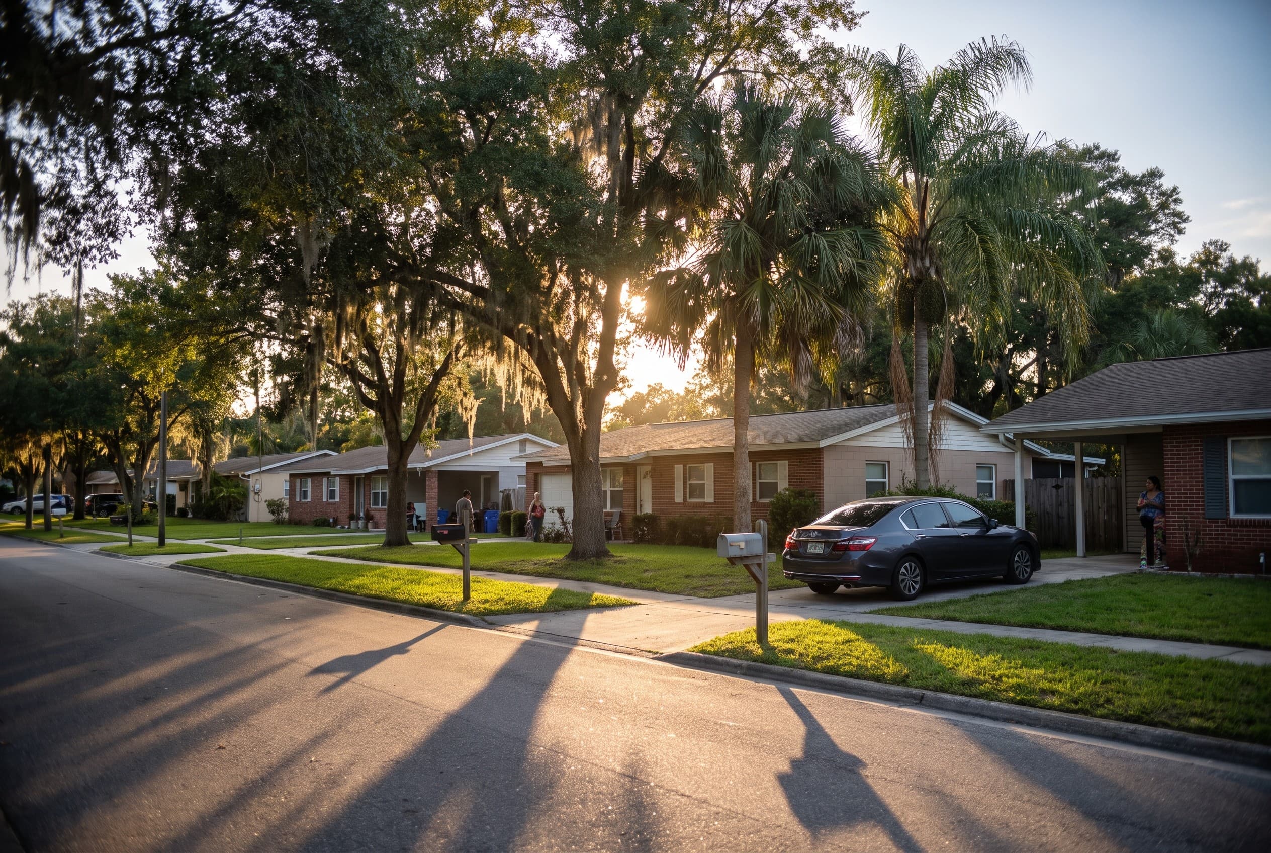 A quiet residential street in the Conway neighborhood of Orlando at golden hour, lined with mature oak trees and modest singl