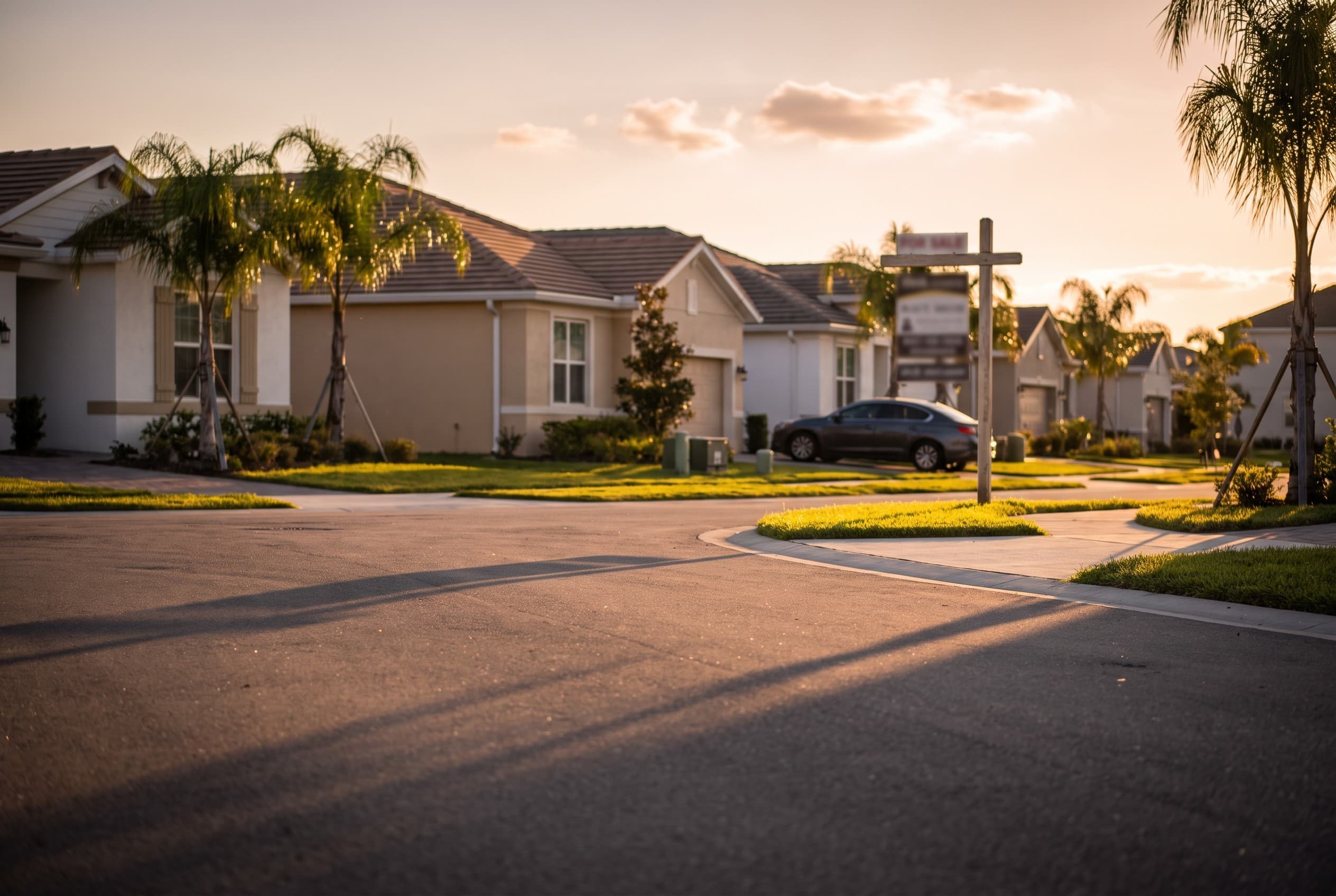 A quiet Lake Nona residential street in Orlando at golden hour, lined with newer beige and white single-family homes with man