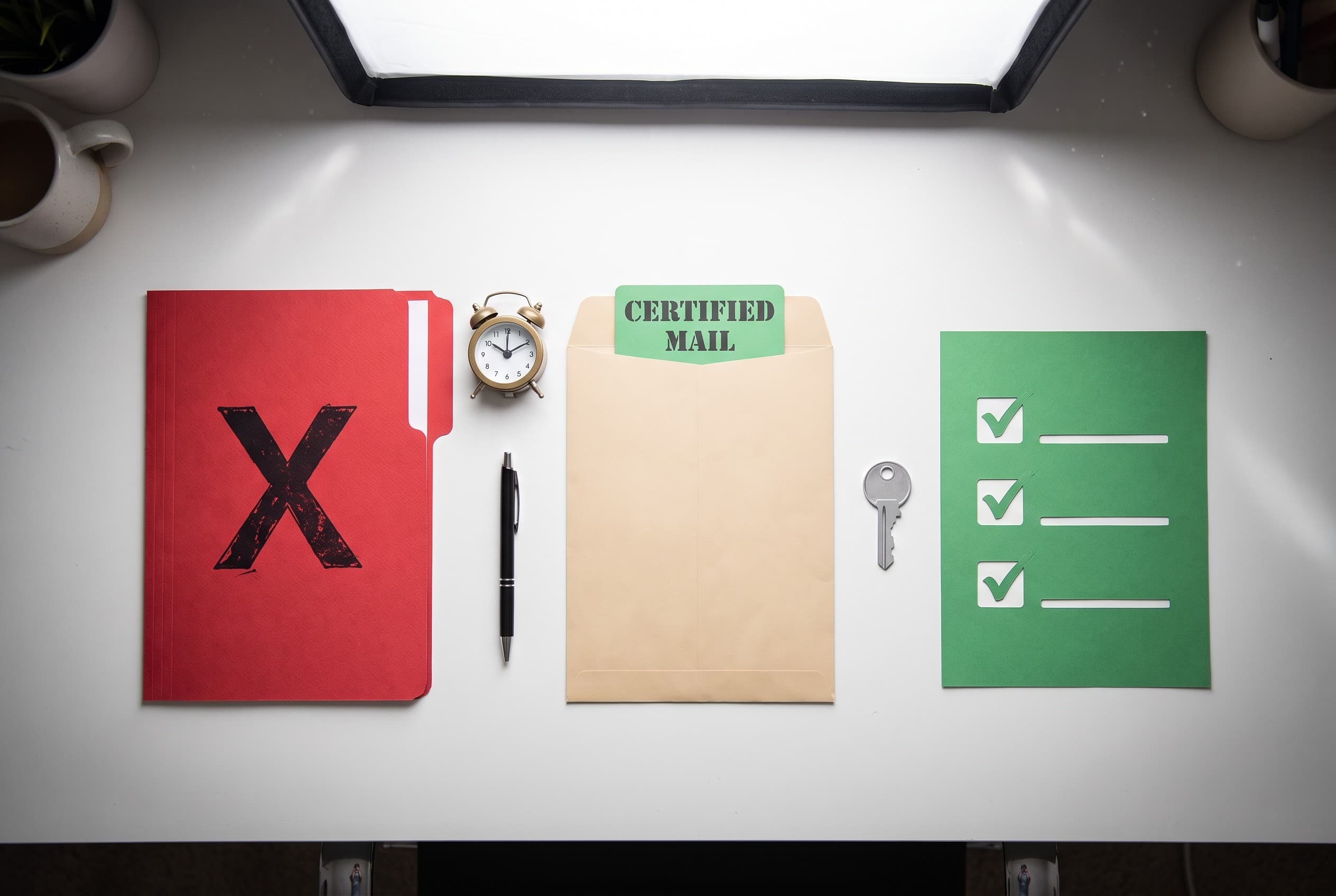 Top-down flat-lay photo on a clean white desk showing a paper cutout story arranged left to right: a red folder stamped with