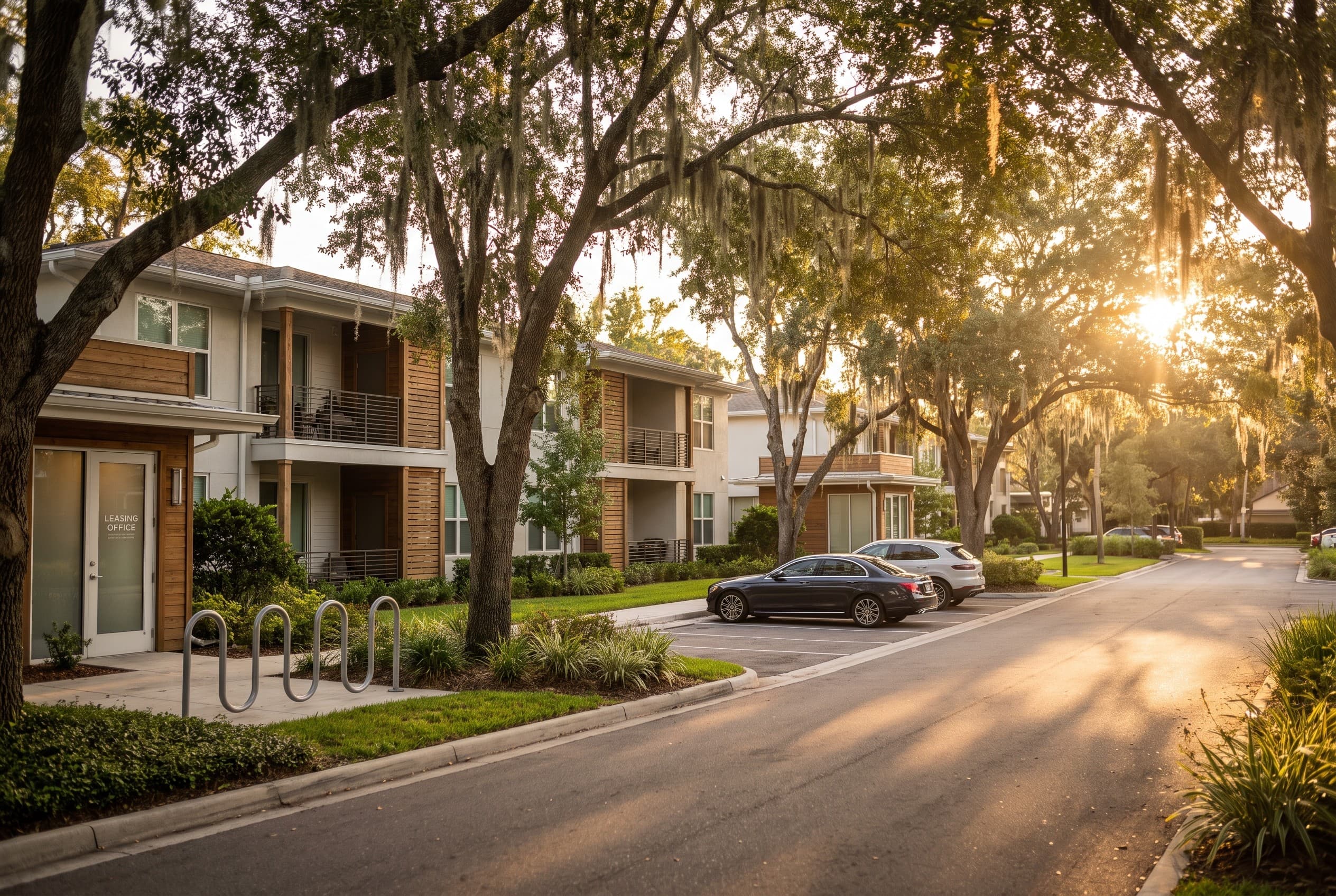 A quiet upscale residential street in Winter Park at golden hour, lined with live oak trees draped in Spanish moss and modern