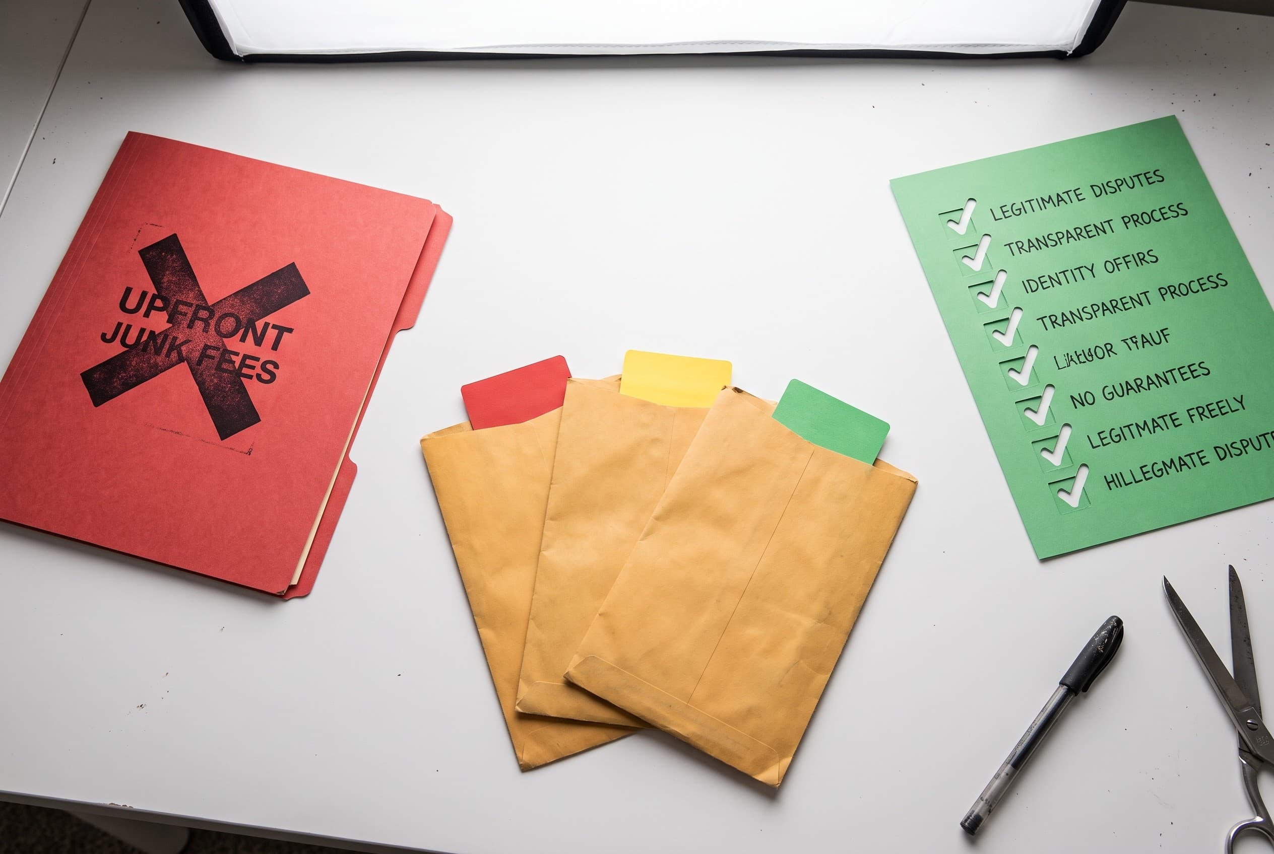 Top-down flat-lay photo on a clean white desk showing a credit repair vetting concept. On the left, a red folder stamped with