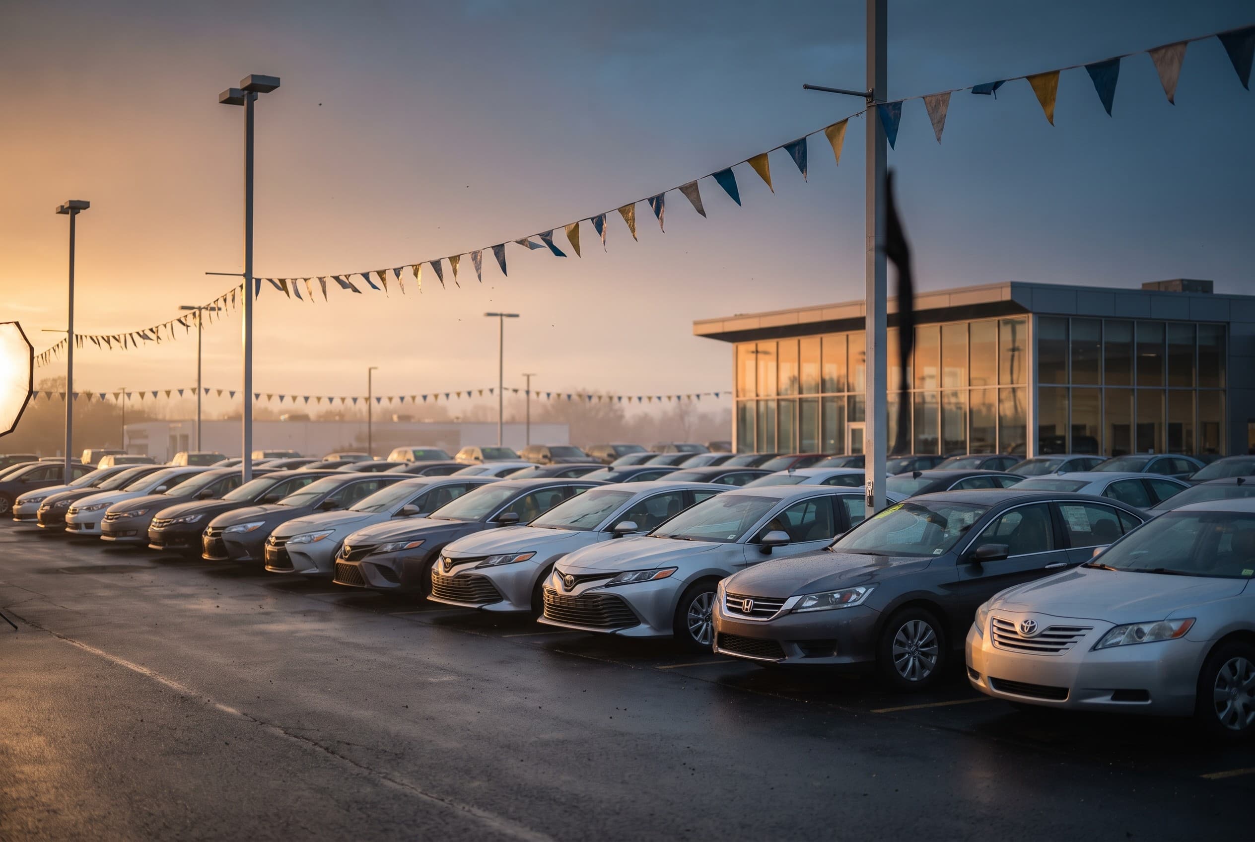 A used-car dealership lot at golden hour on an overcast-clearing afternoon, shot wide from the edge of the pavement looking a