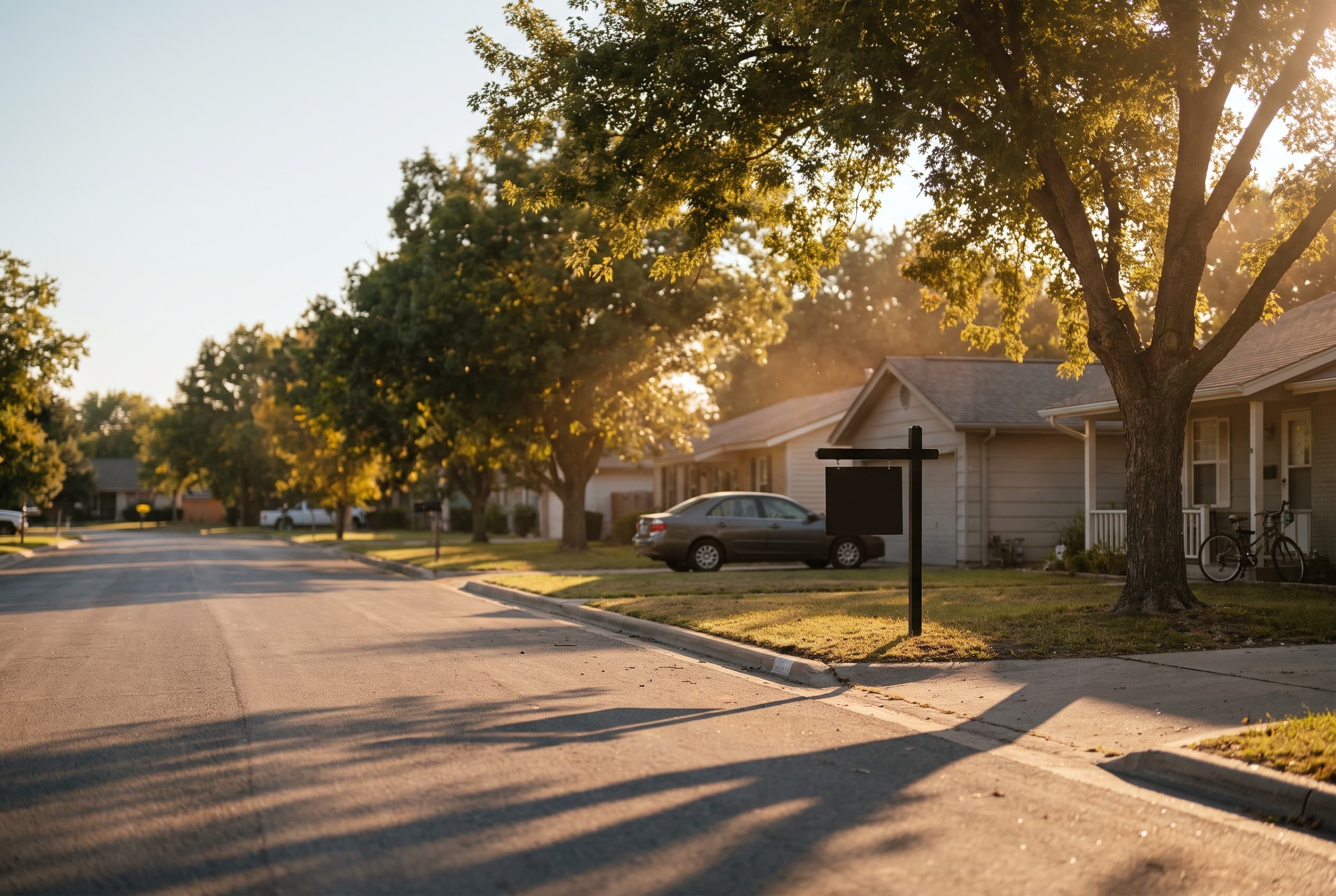 A quiet American suburban street at golden hour, lined with modest single-family homes and mature trees. A 'for sale' style p