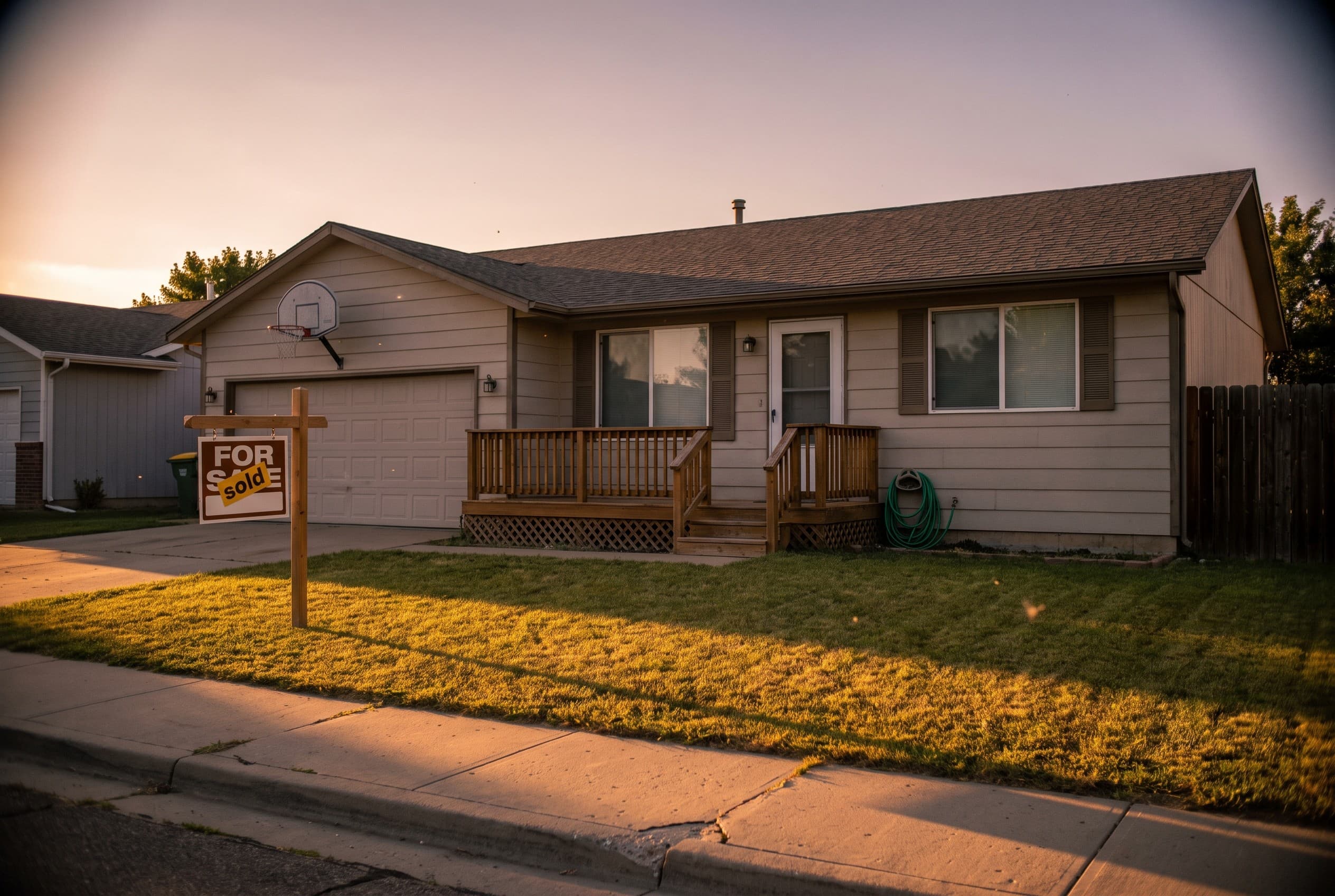 A modest single-story suburban home at golden hour with a For Sale sign near the curb and a sold rider not yet readable, shot