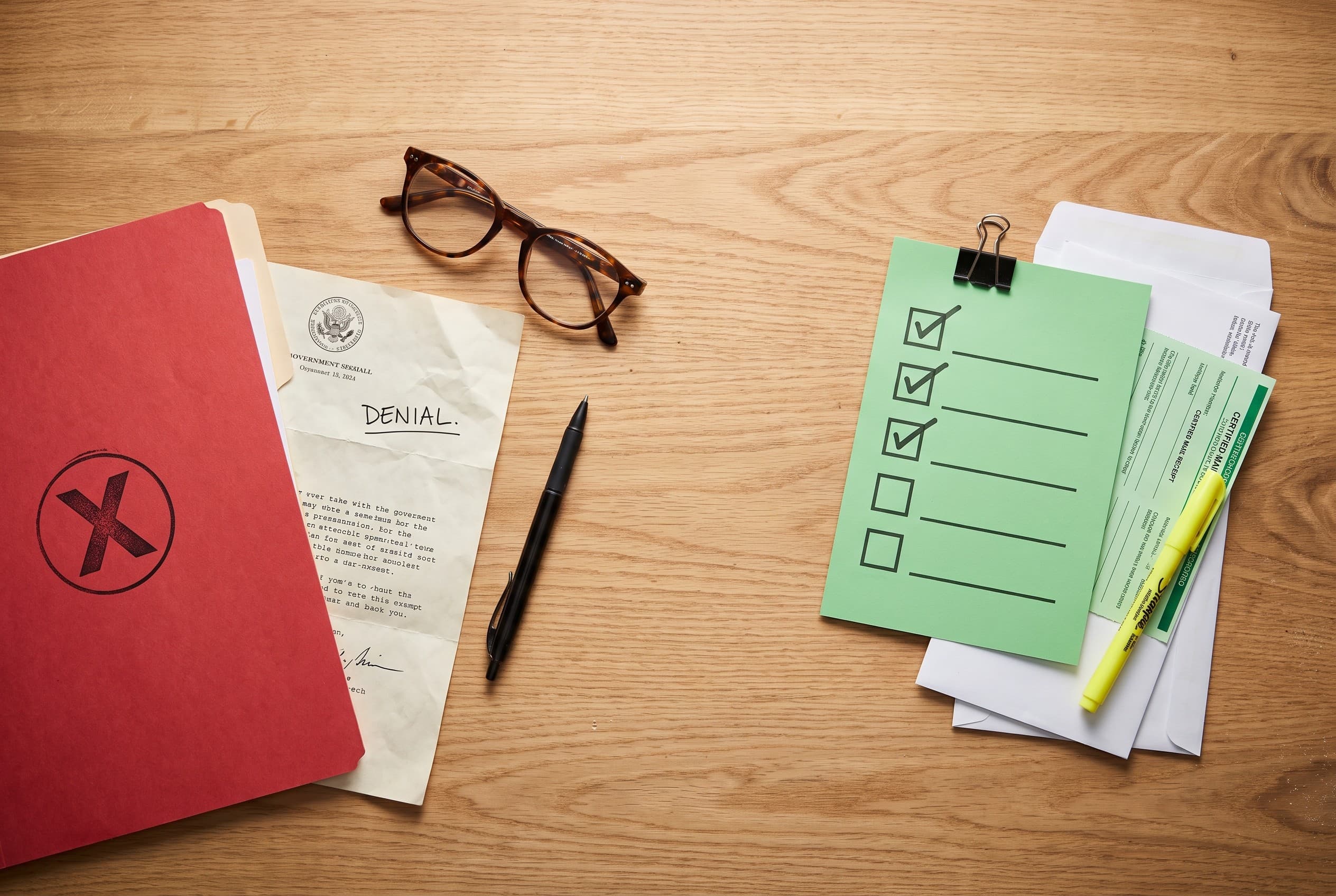 Top-down flat-lay photo on a light wood desk showing two contrasting paper stacks. On the left, a red folder stamped with a b