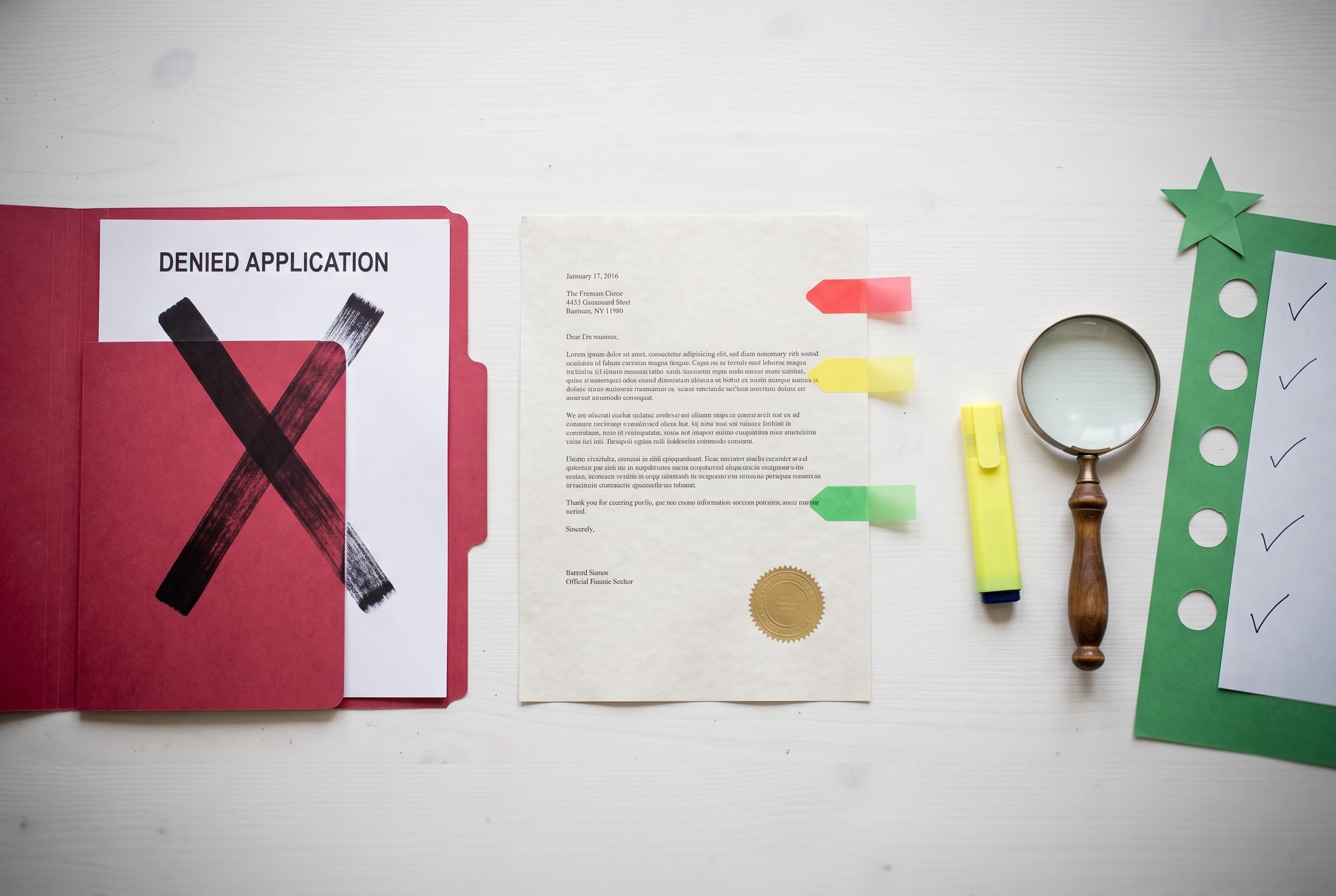 Top-down flat-lay photo on a clean white desk. On the left, a red folder stamped with a large X shape representing a denial.