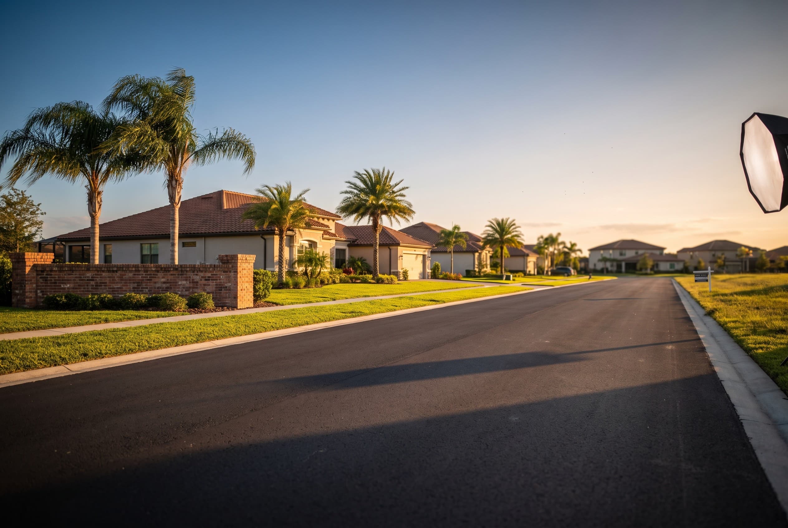 A quiet upscale residential street in Lake Mary, Florida at golden hour, lined with manicured lawns and modern single-story h