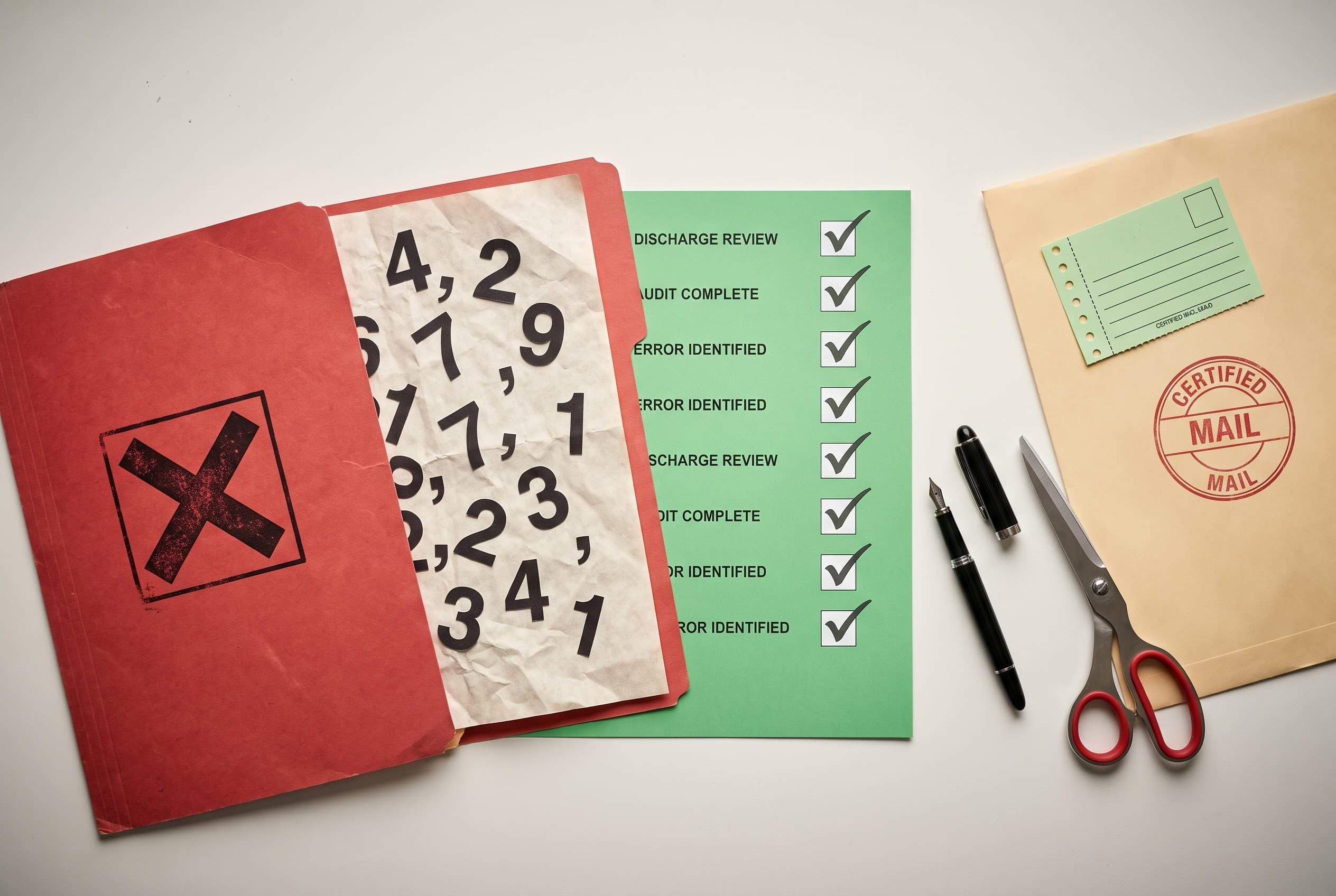 Top-down flat-lay photo on a clean white desk showing the concept of disputing post-discharge errors. On the left, a red fold