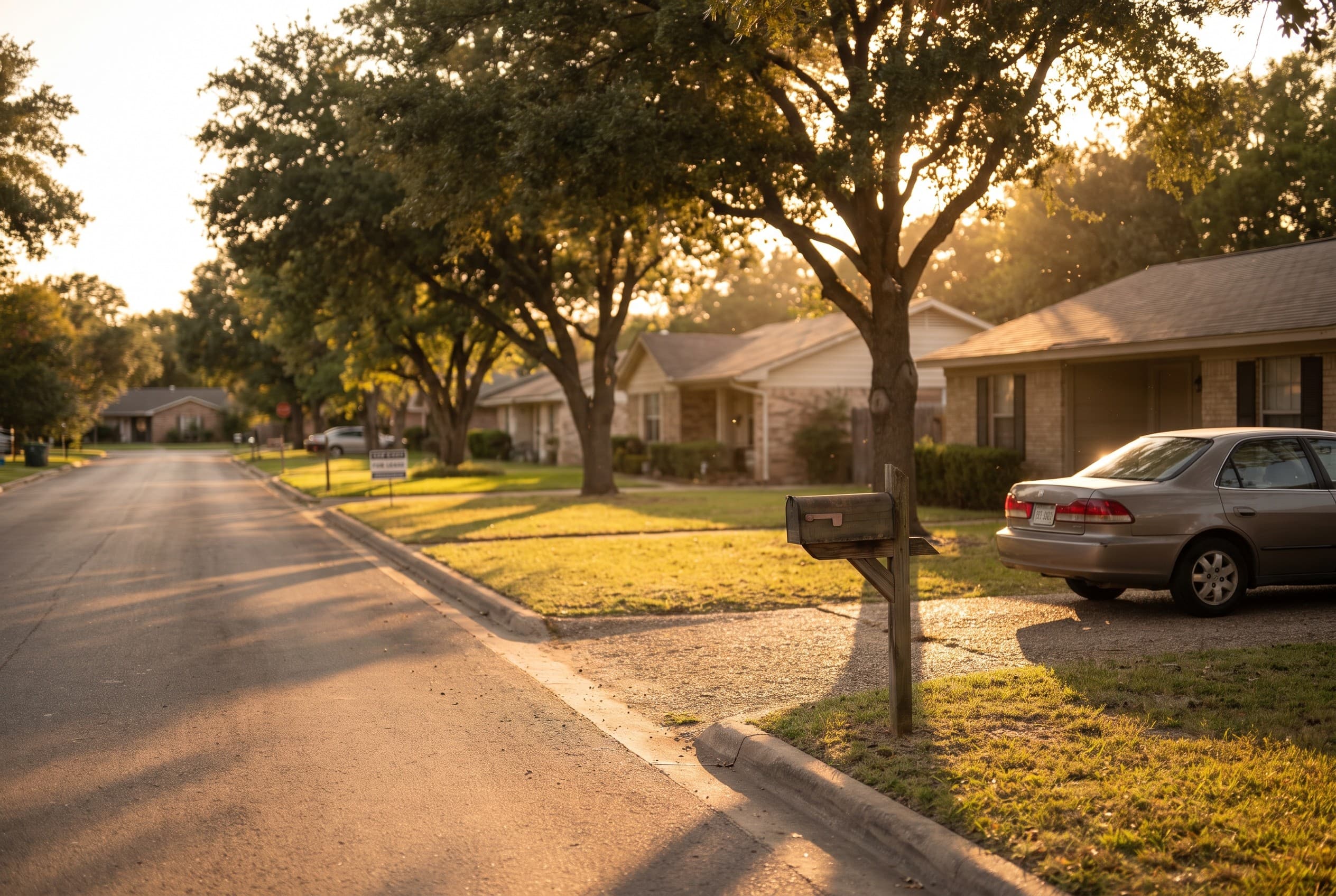 A quiet American suburban street at golden hour, lined with modest single-story homes and mature shade trees. A mailbox stand