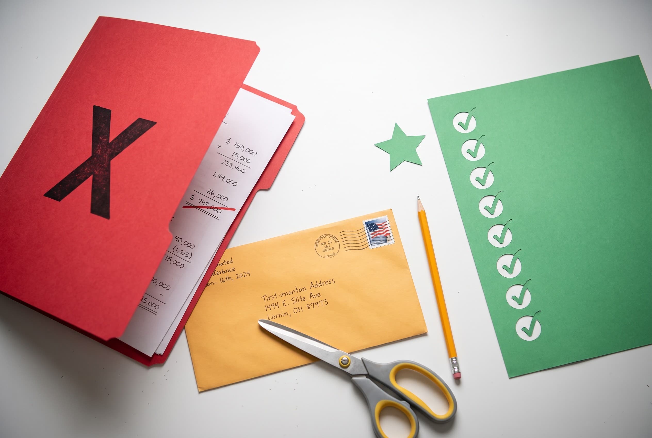 Top-down flat-lay photo on a clean white desk. On the left, a red folder stamped with a large X holds papers showing a crosse