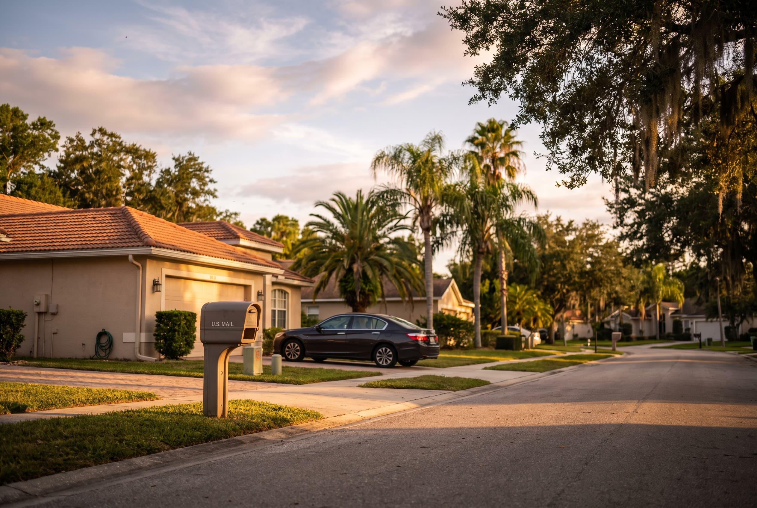The University of Central Florida area at golden hour, shot from a quiet residential side street off Alafaya Trail — modest s