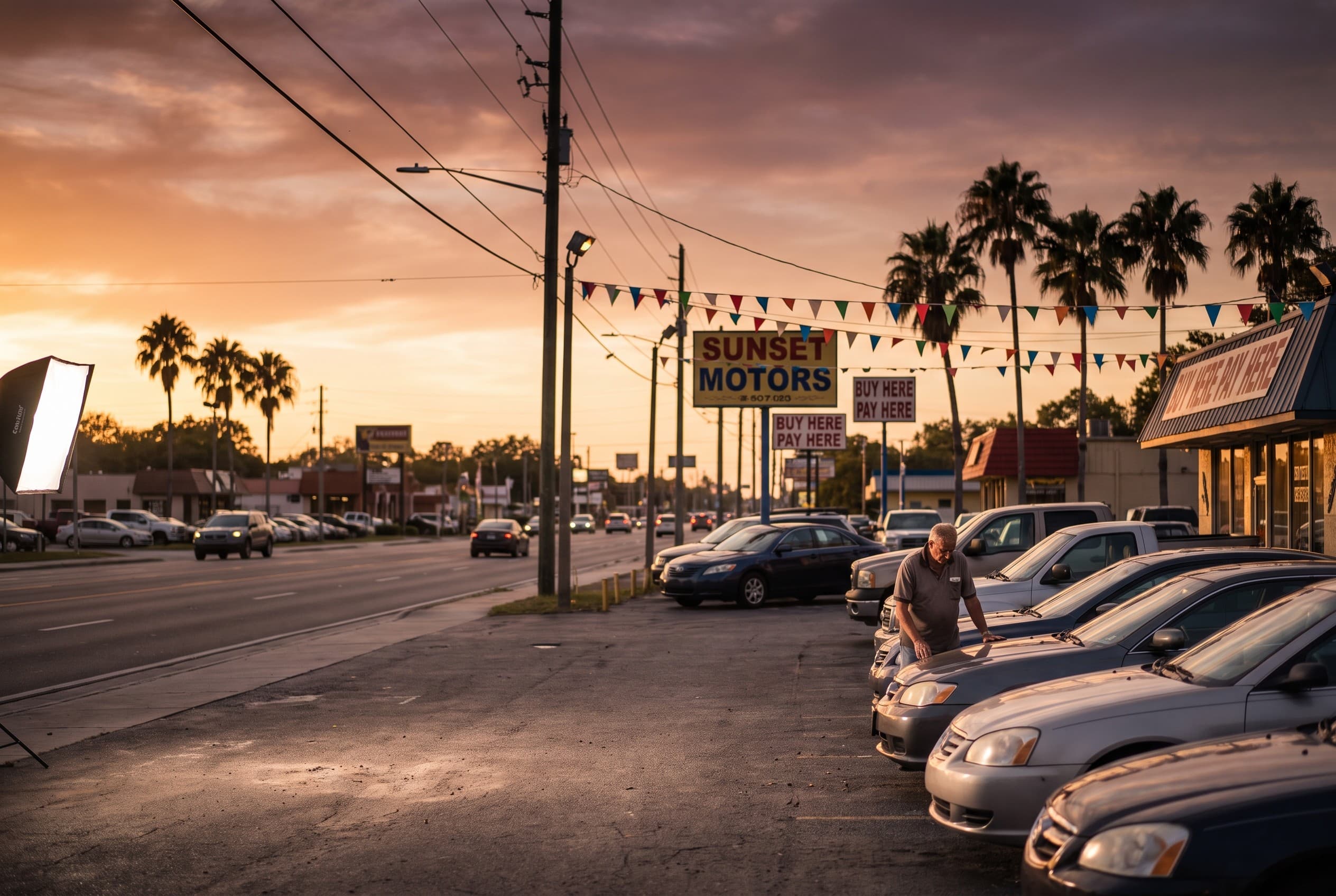 An Orange Blossom Trail used-car corridor in Orlando at golden hour, shot from a parking lot looking across the road at a row