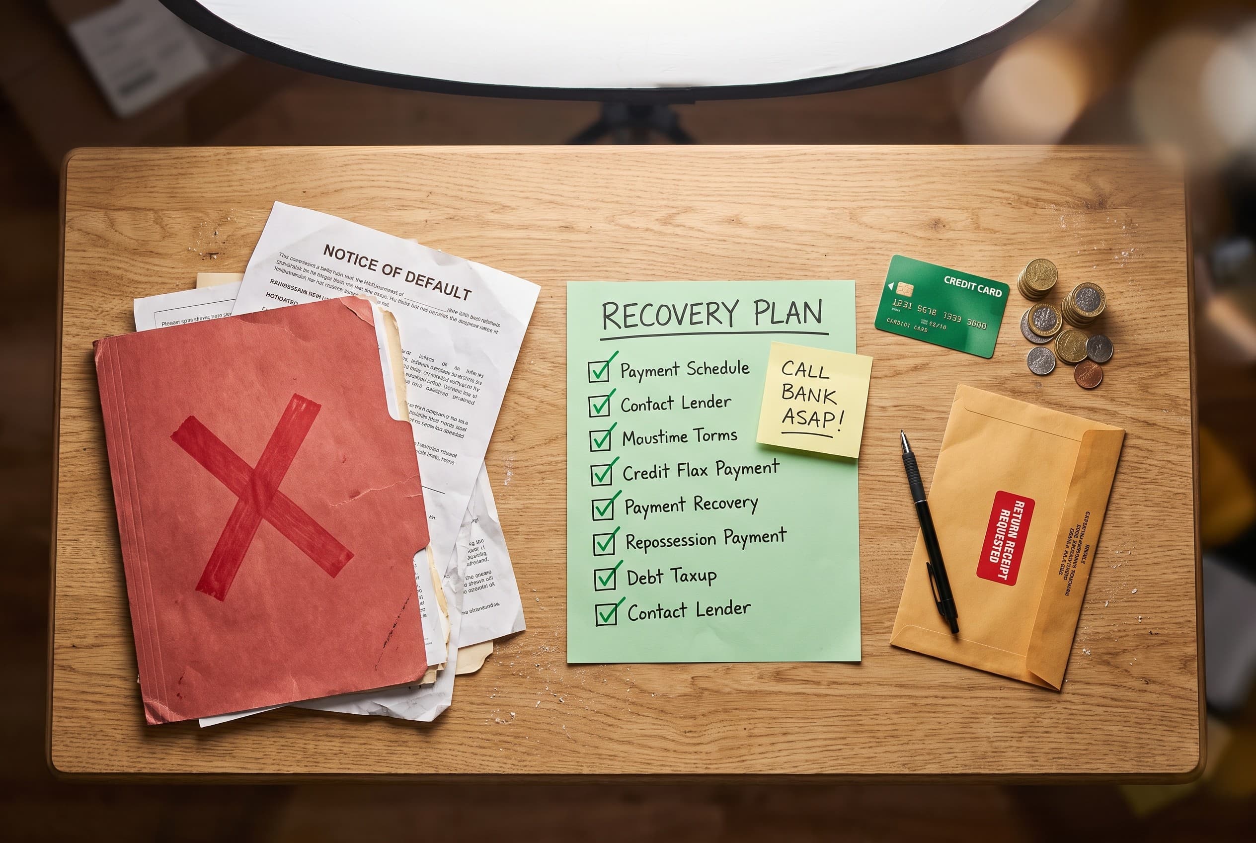 Top-down flat-lay photo on a light wood table showing a repossession recovery plan laid out in physical objects. On the left,