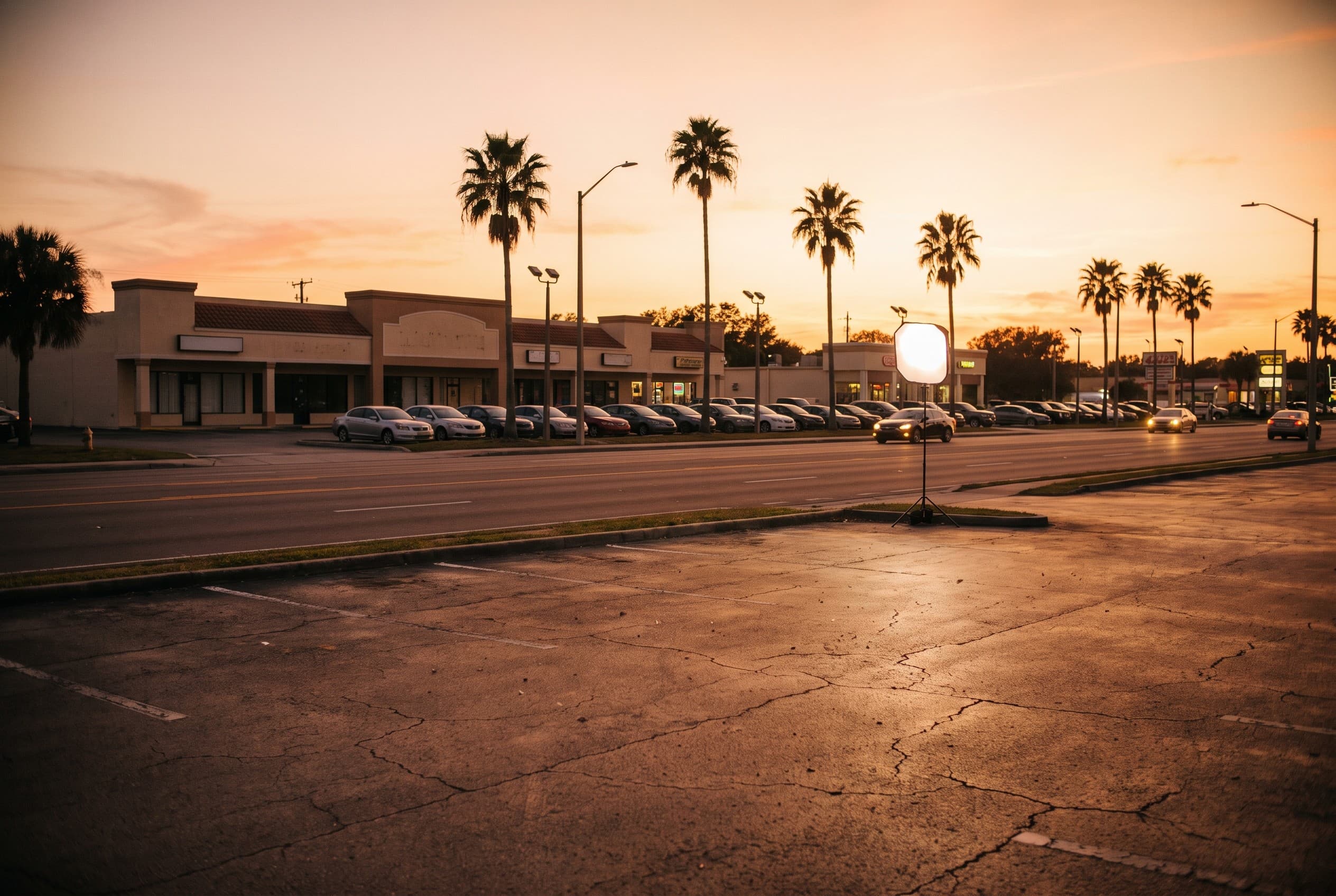 A quiet Kissimmee strip-mall corridor along a wide commercial road at golden hour, shot from a parking lot looking across at