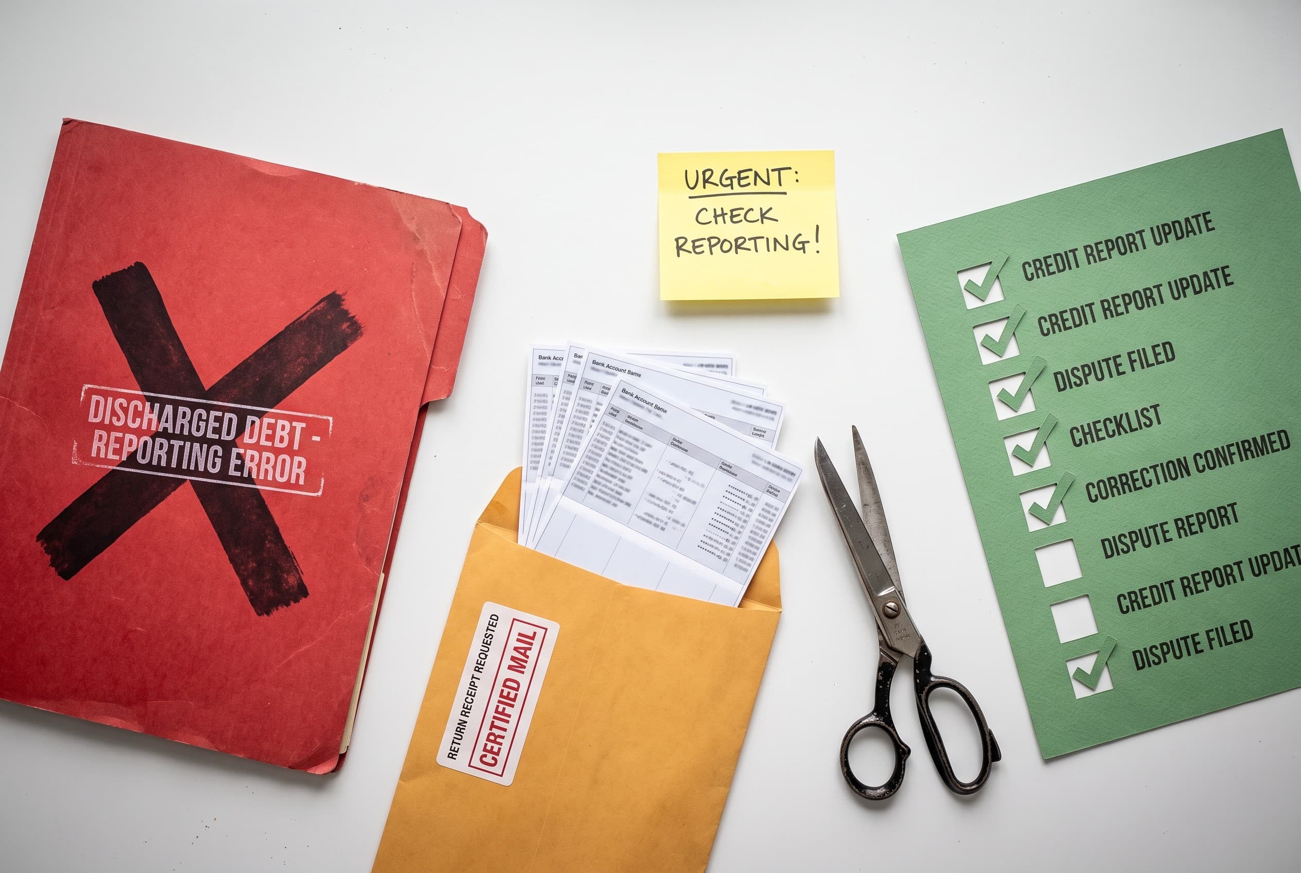 Top-down flat-lay photo on a clean white desk showing a red folder on the left stamped with a large X shape, representing a b